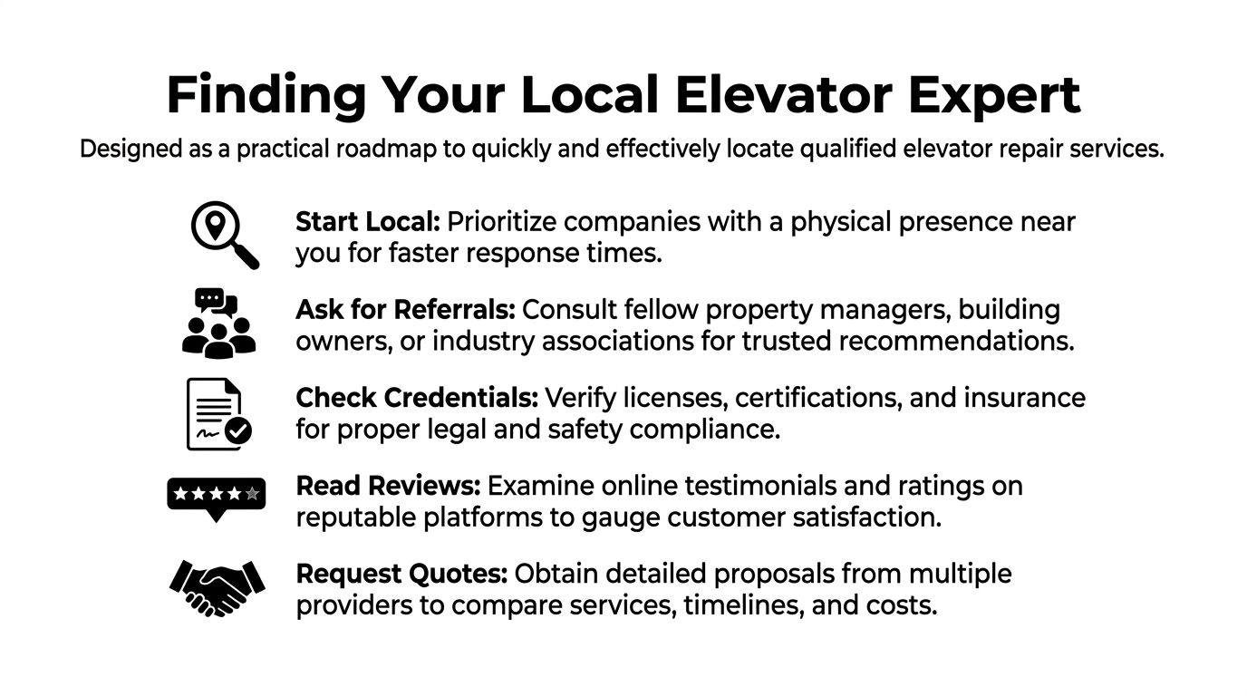 A helpful infographic showing a five-step roadmap for finding and choosing a qualified local elevator repair company.
