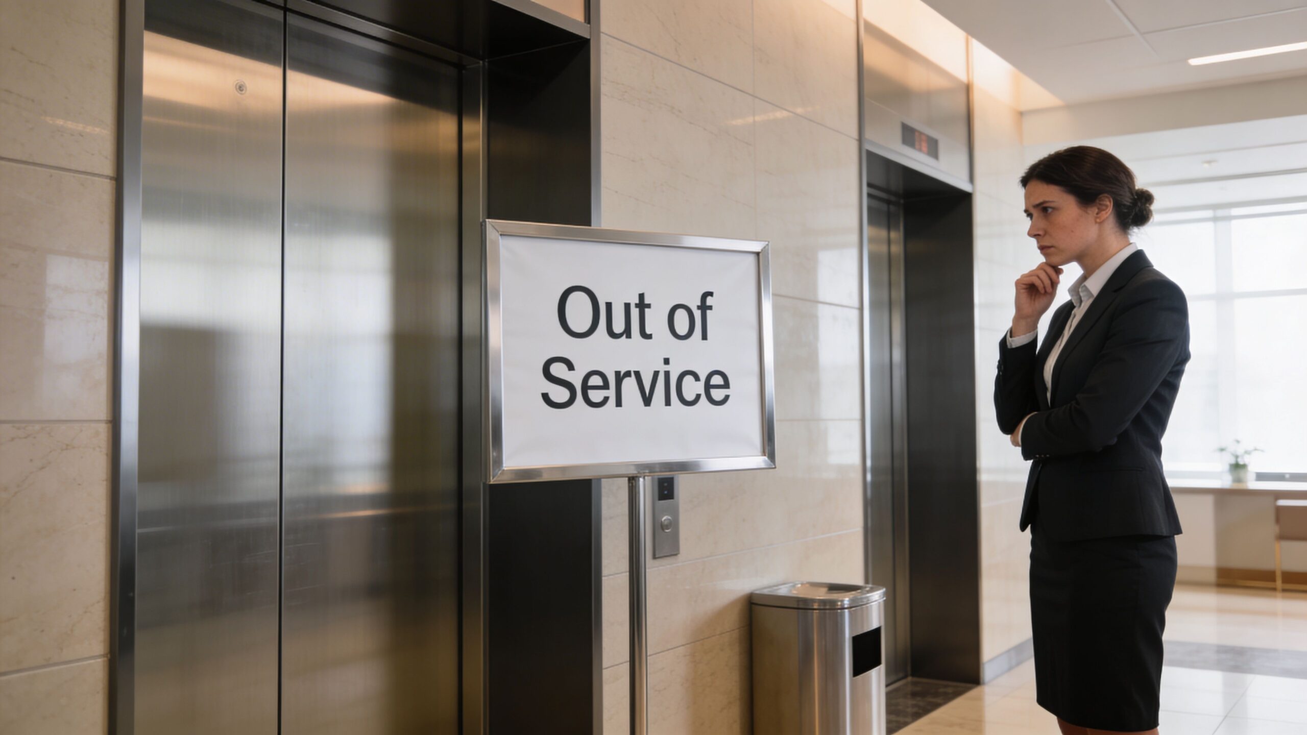 A professional businesswoman looks thoughtfully at an out of service elevator in a modern office building lobby.