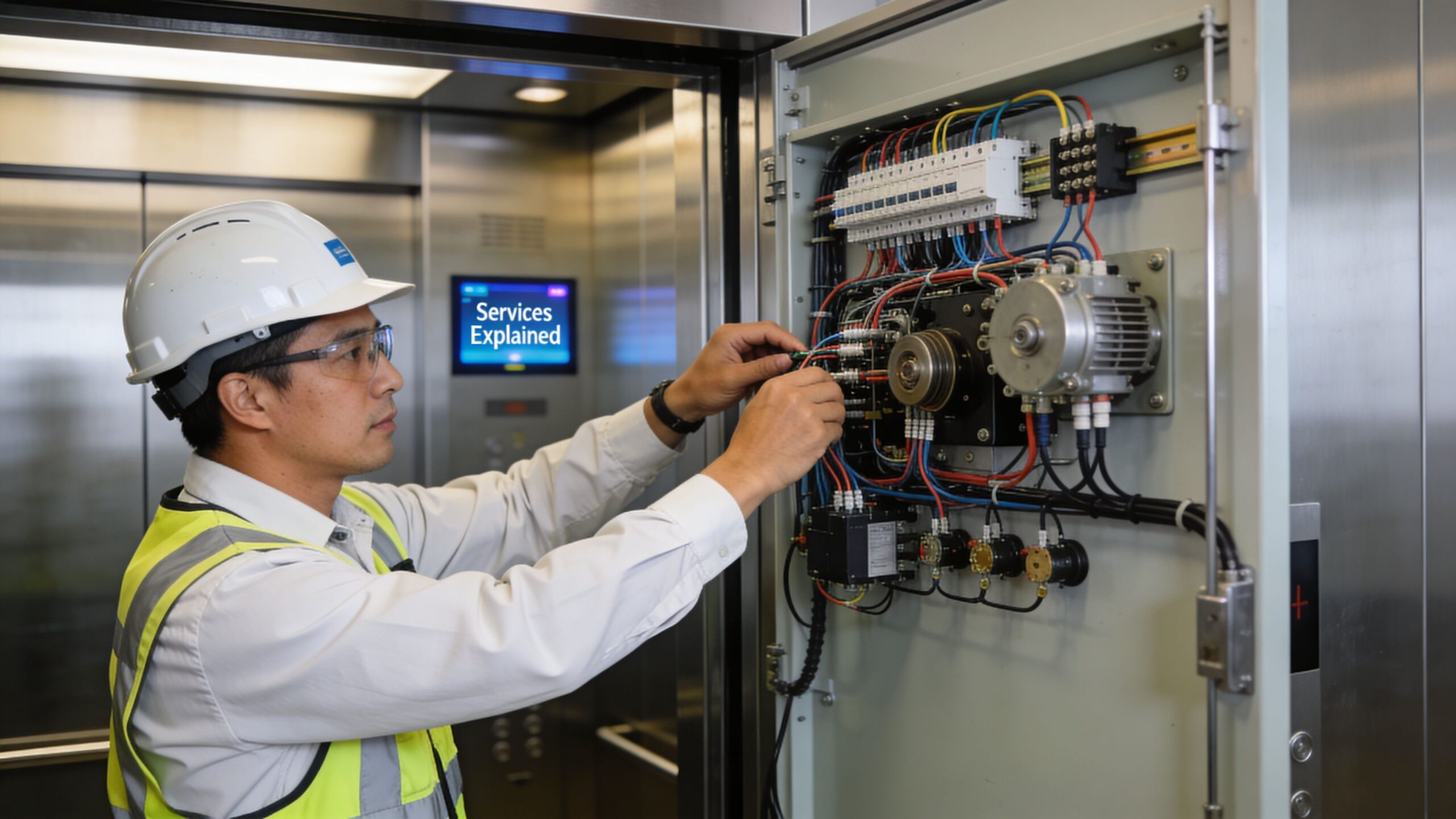 A professional elevator technician working on electrical control panel components inside an elevator equipment room.