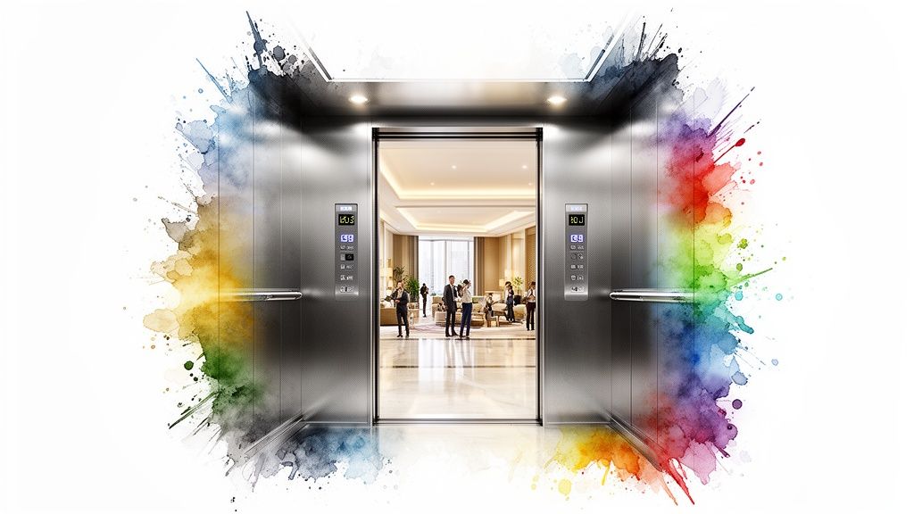 Modern open elevator leading to a bright lobby with people, framed by colorful watercolor splashes.
