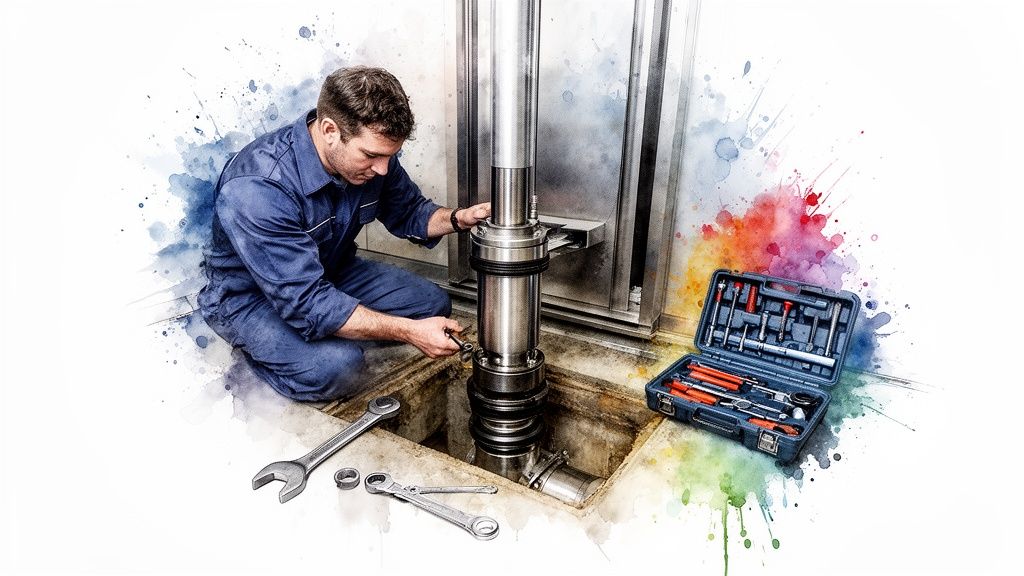 A technician in blue overalls repairs a hydraulic elevator component with various tools and an open toolbox.