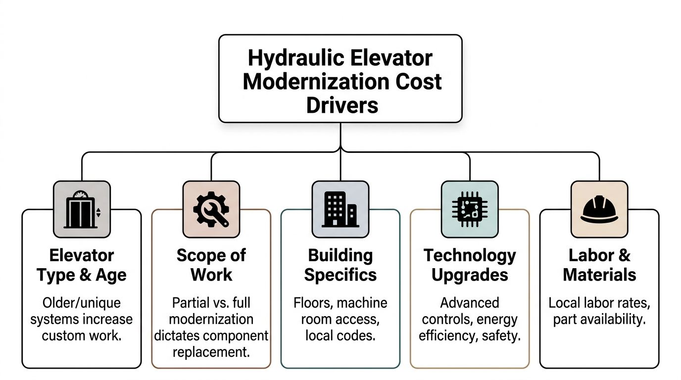 An infographic showing the five main cost drivers for hydraulic elevator modernization projects in commercial buildings.