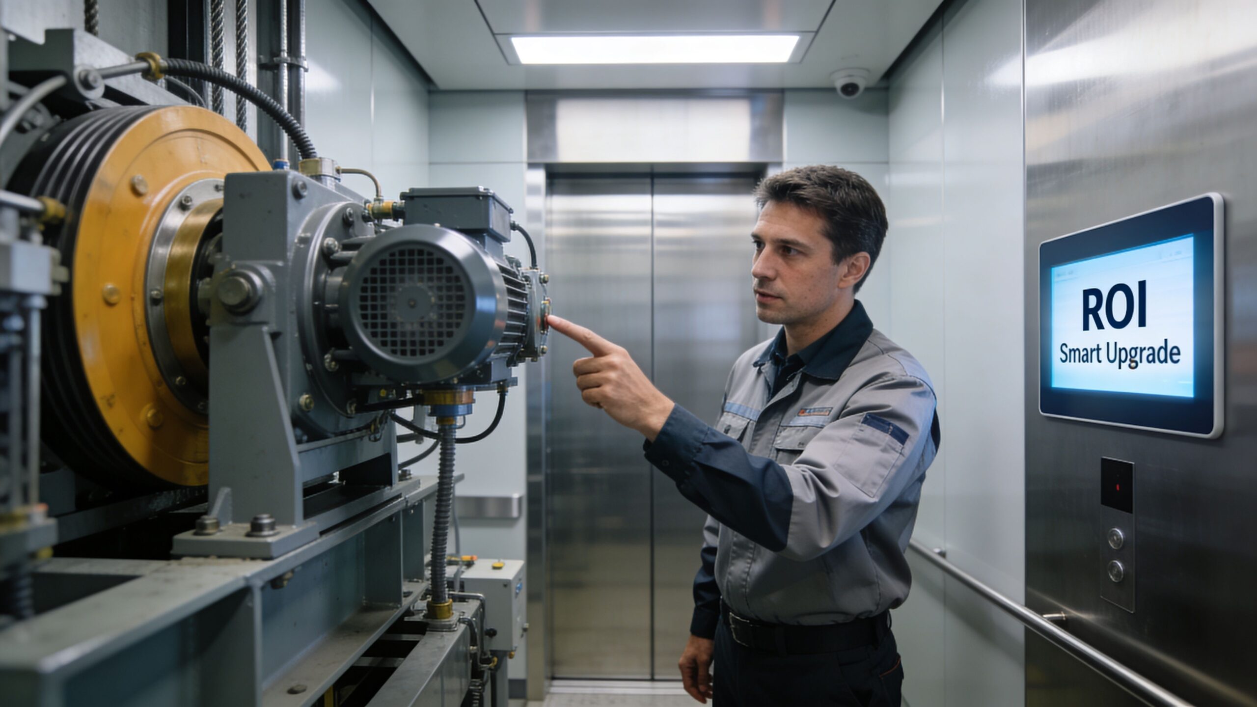 A professional technician inspects an elevator machinery room as part of a smart modernization upgrade project.