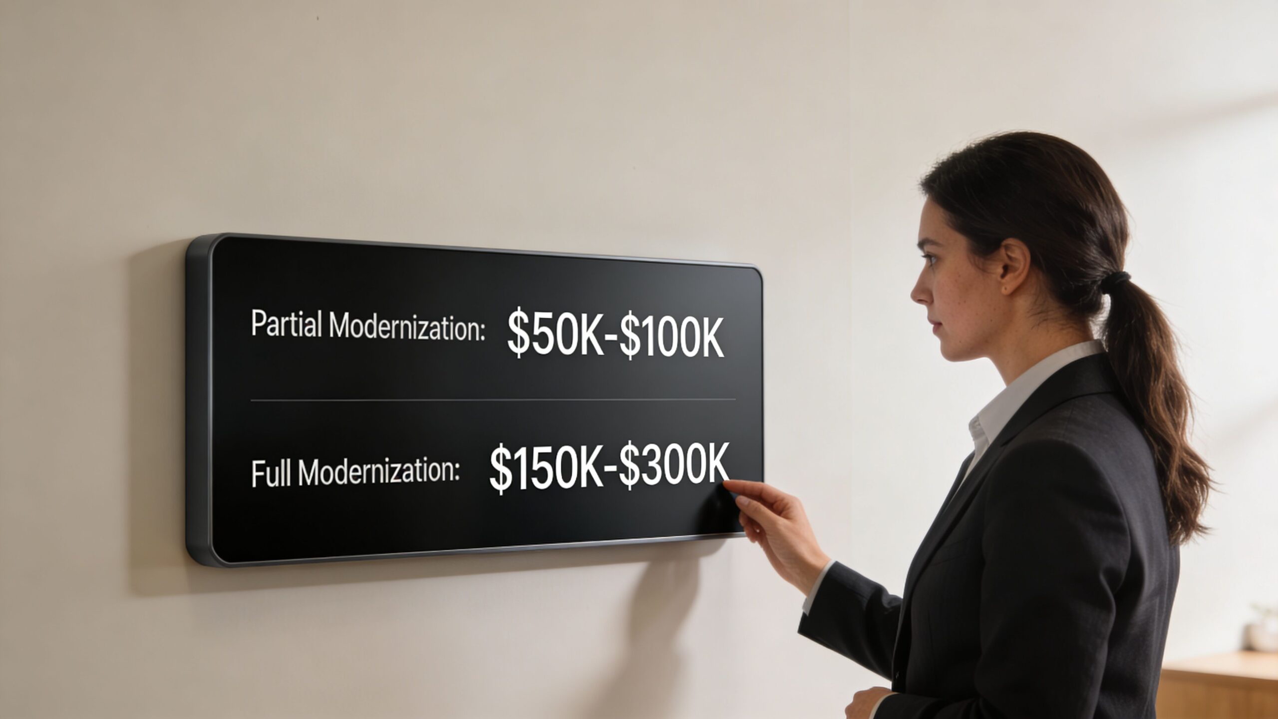 A professional woman in a suit pointing at an digital display board showing elevator modernization pricing options.