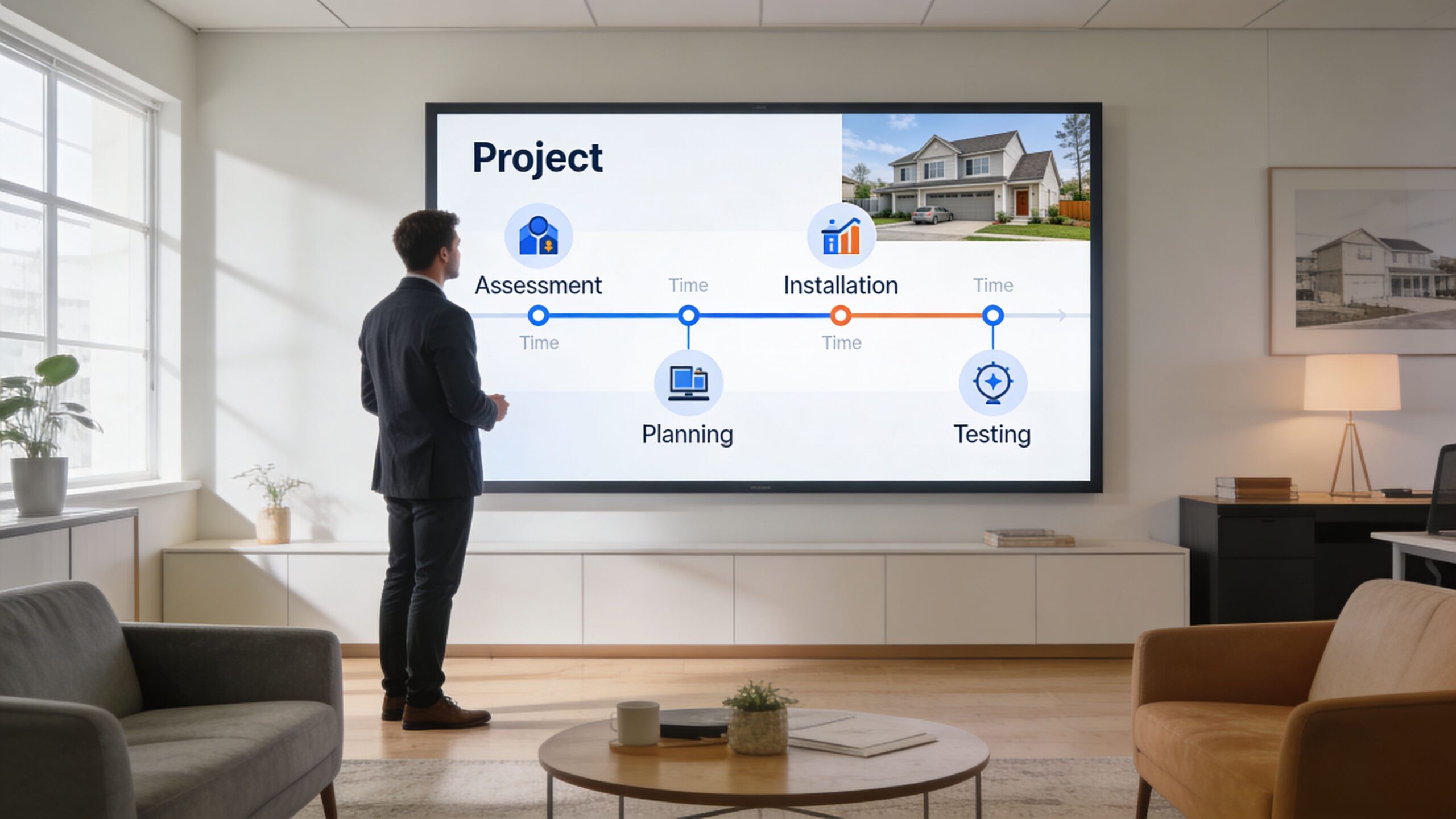 A professional in a suit reviews a project timeline presentation on a large screen in an office.