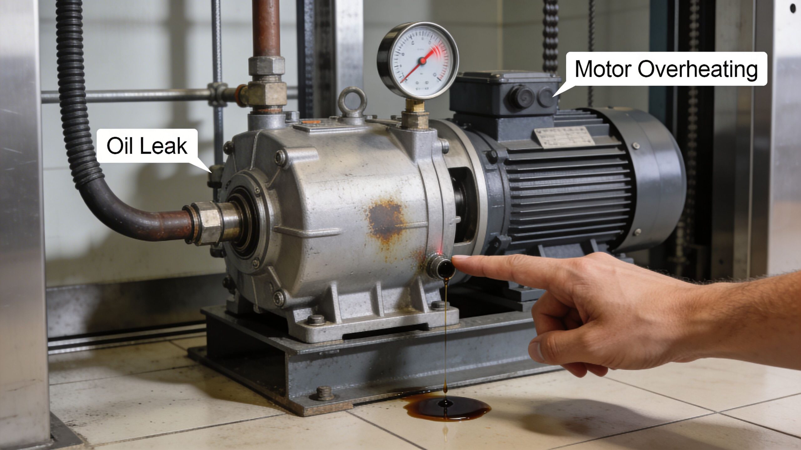 A technician points to an oil leak dripping from a hydraulic elevator power unit component.