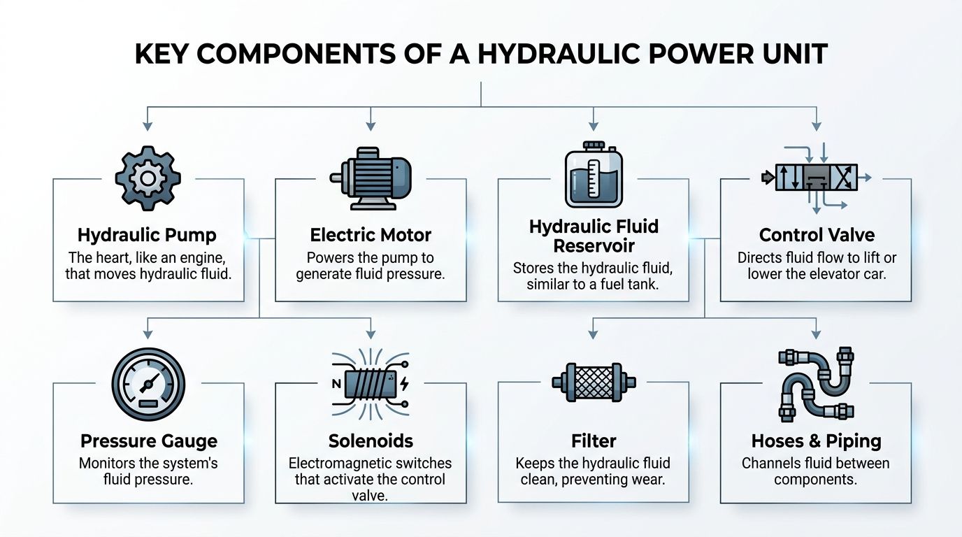 A diagram illustrating the eight key components of a hydraulic power unit for elevators with descriptive icons.