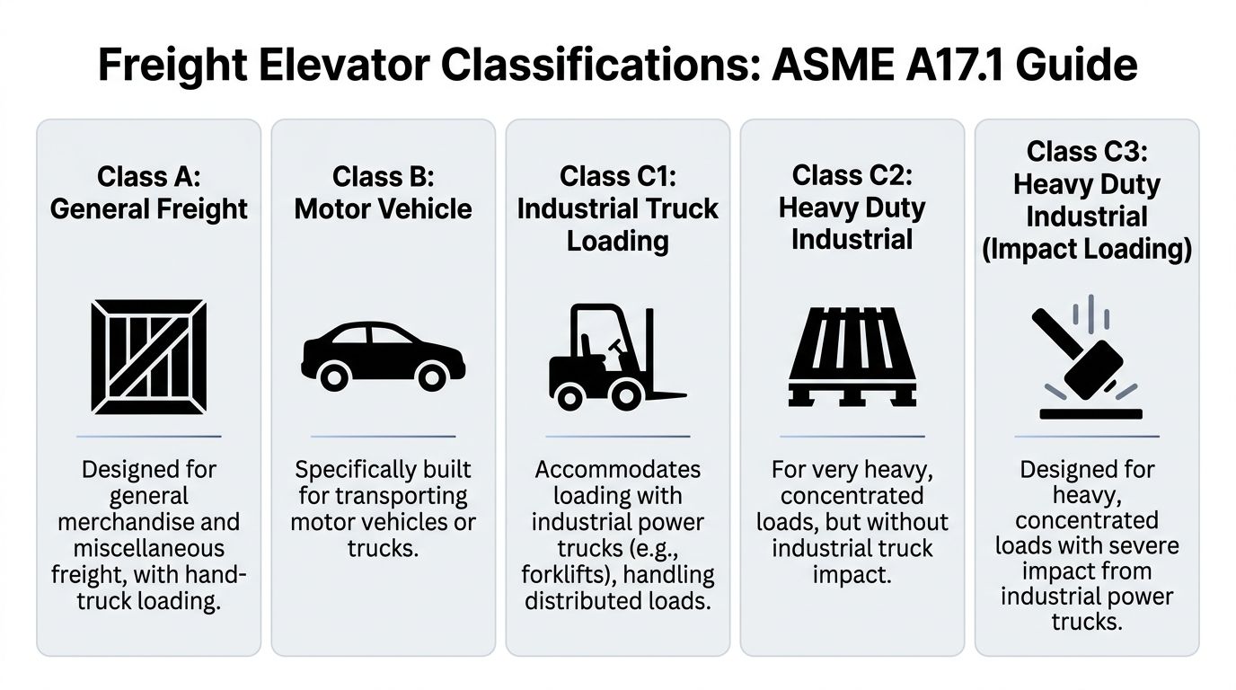 A chart showing five classifications of freight elevators according to the ASME A17.1 safety code guidelines.