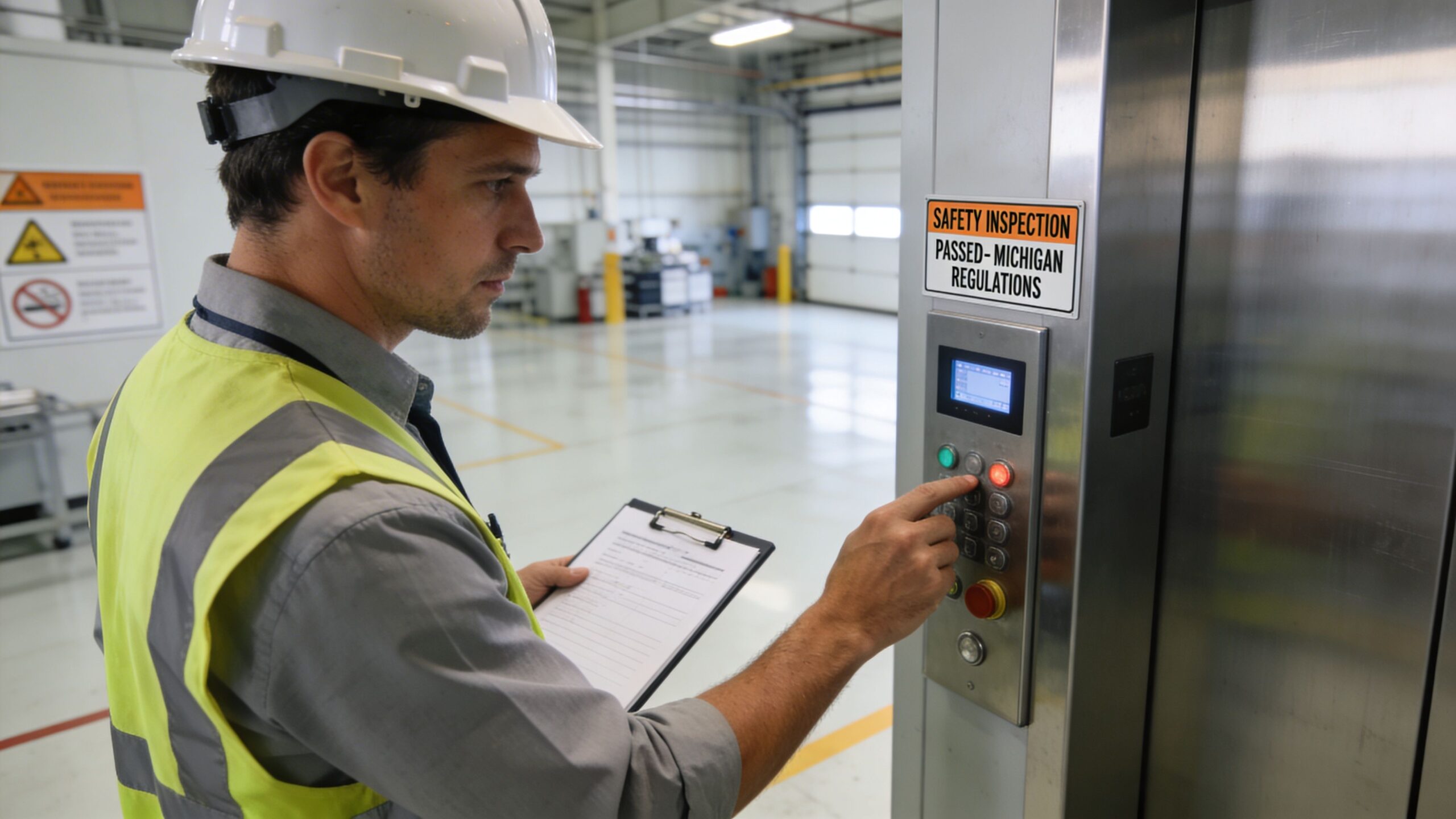 A professional inspector in a hard hat and safety vest checks an industrial freight elevator control panel.