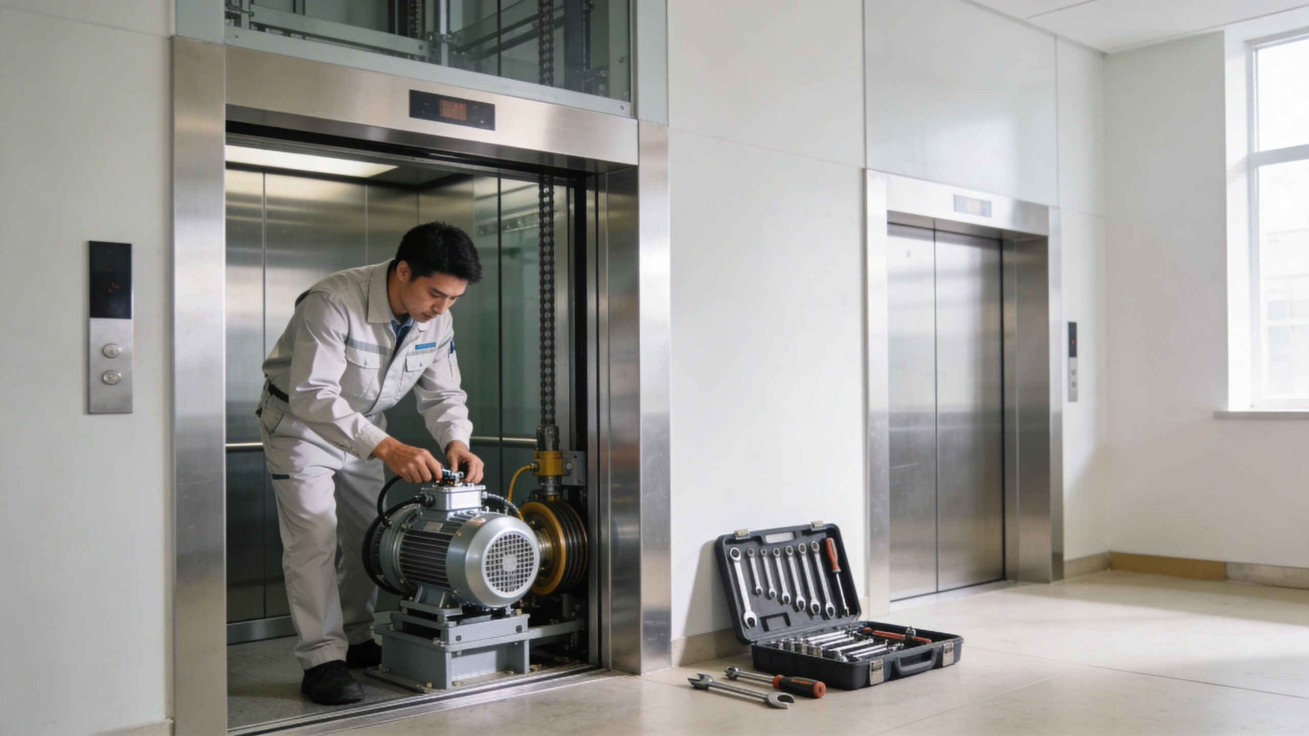 An elevator technician in uniform works on the mechanical motor unit inside an open freight elevator.
