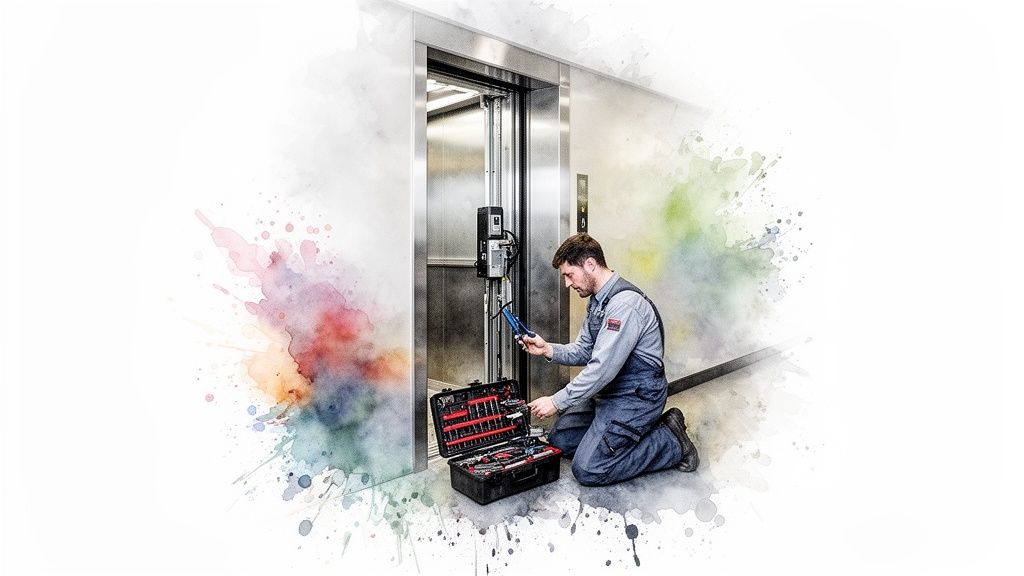 An elevator technician kneels, inspecting elevator machinery with tools from his open toolbox, artistic watercolor background.
