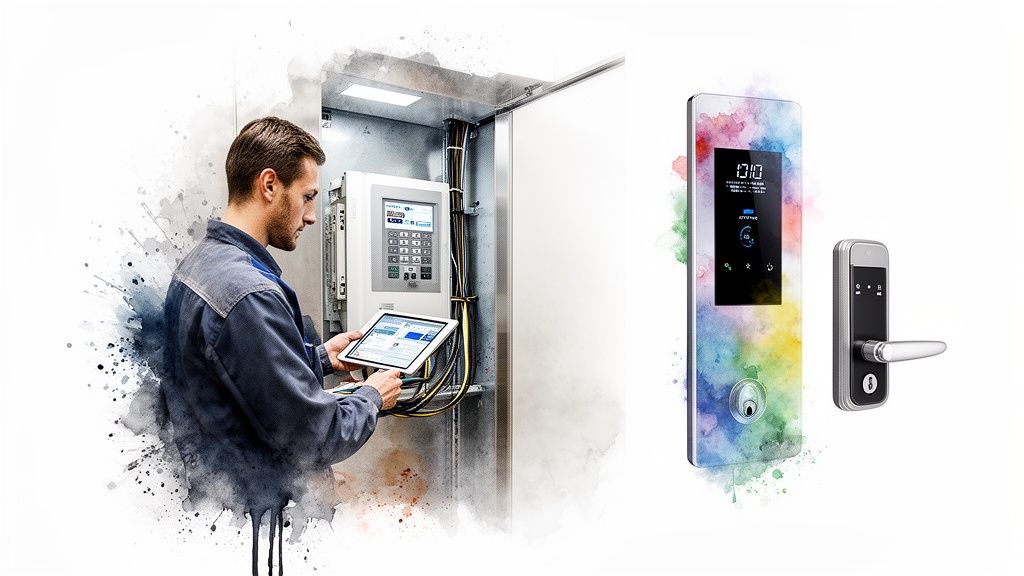 Technician uses a tablet to maintain an electrical panel, next to modern digital door locks and access control systems.
