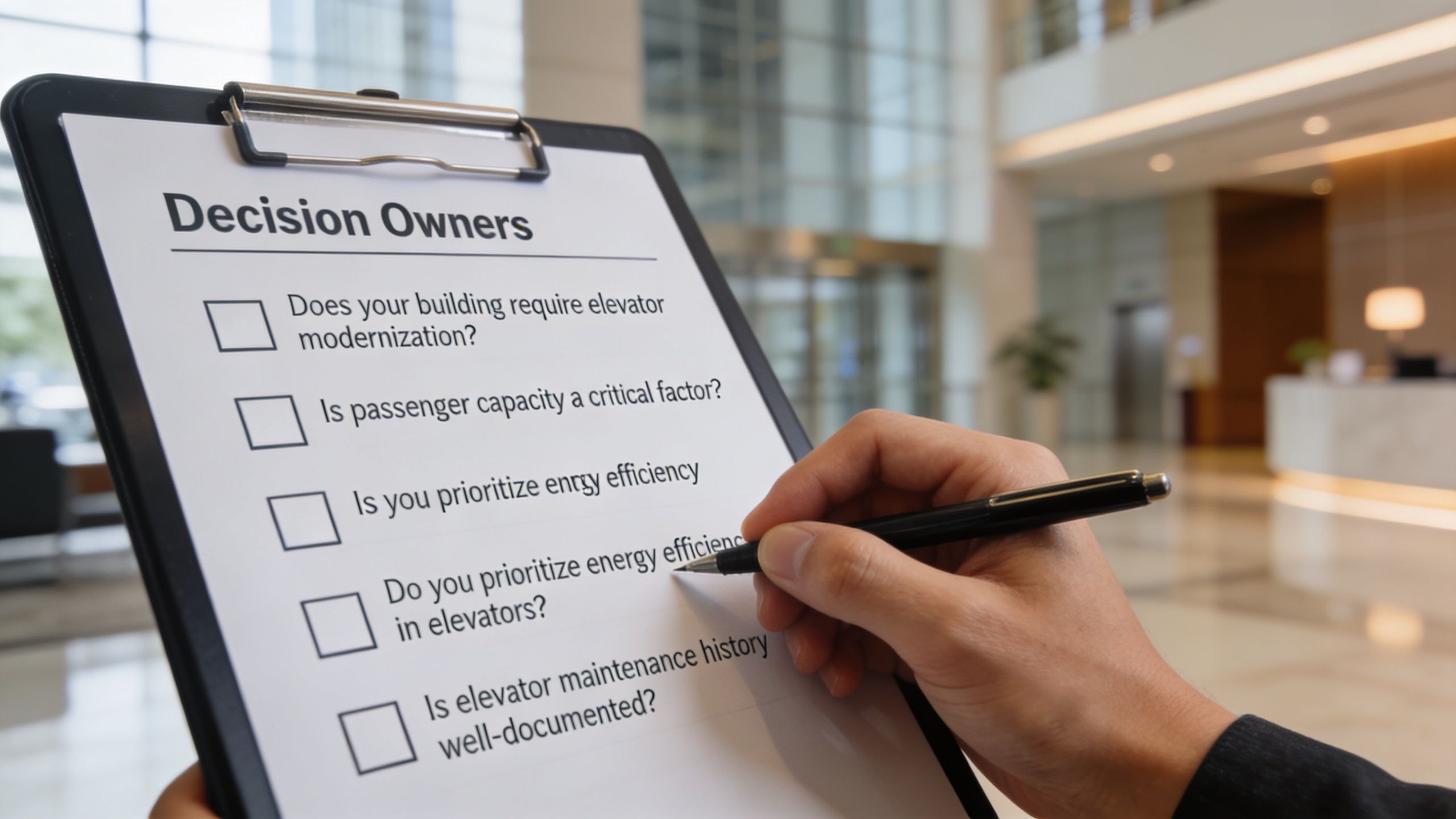 A person holding a clipboard with a checklist about elevator modernization, efficiency, and maintenance assessment questions.