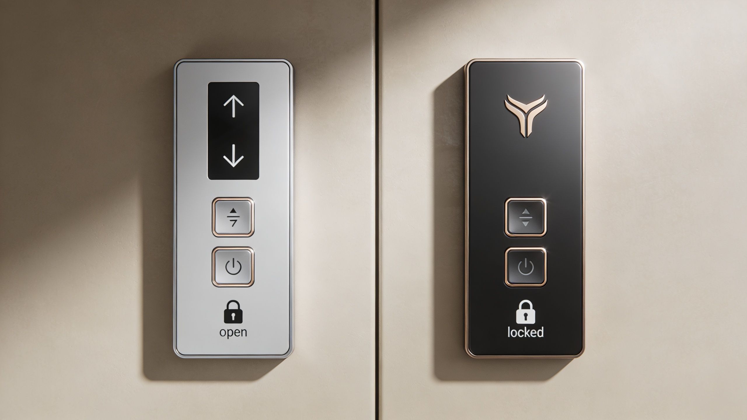 Two modern elevator control panels with metallic buttons, touch interfaces, and clear unlock and lock status indicators.