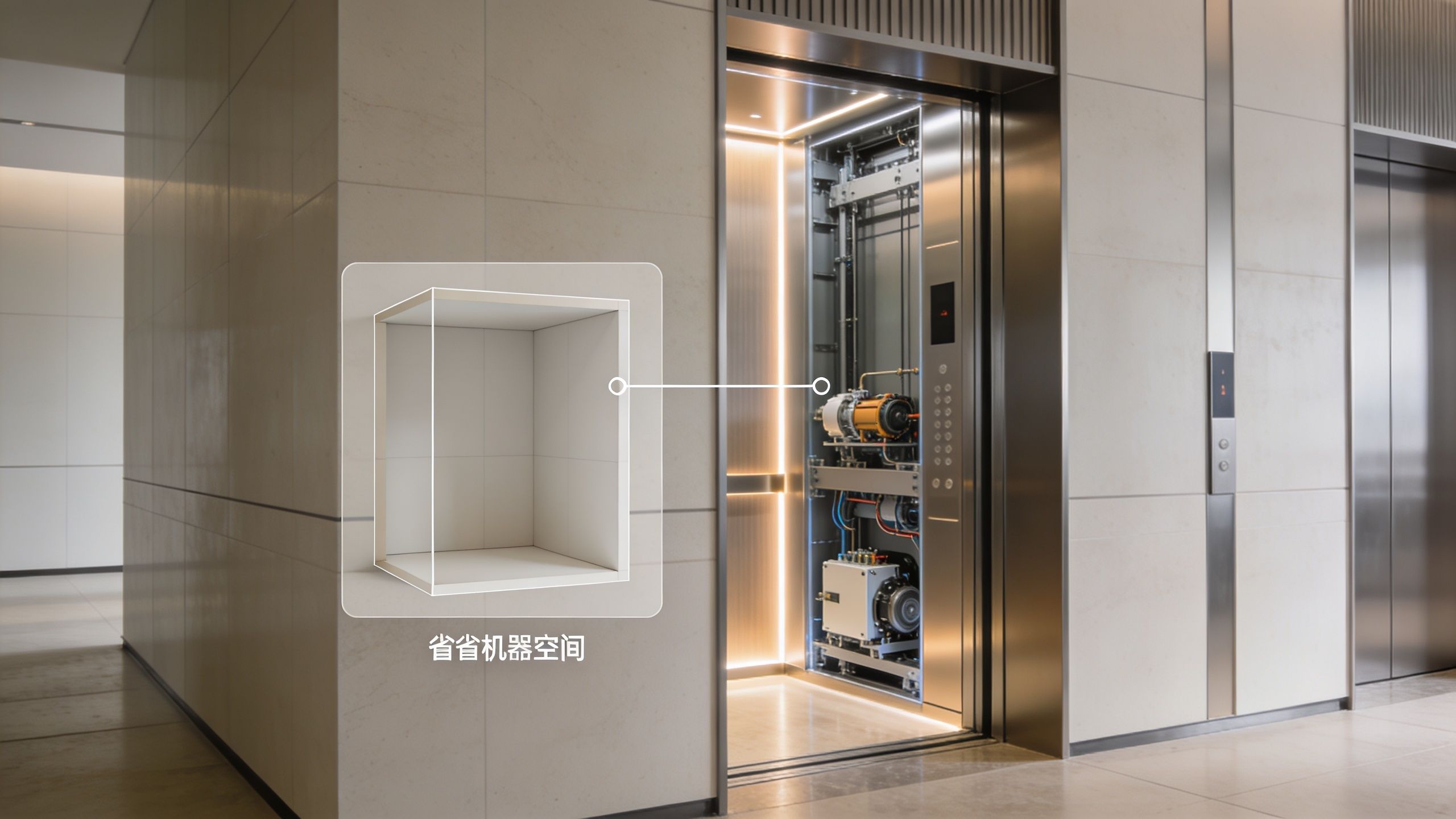 A modern machine roomless elevator with internal machinery visible, highlighting compact design and space-saving construction.
