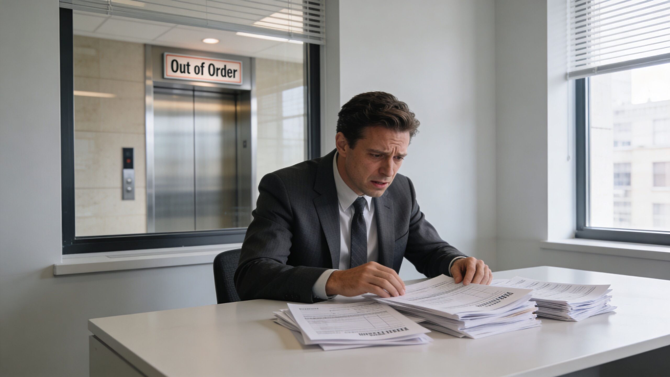 A stressed businessman in a suit reviewing a large stack of documents in a professional office setting.