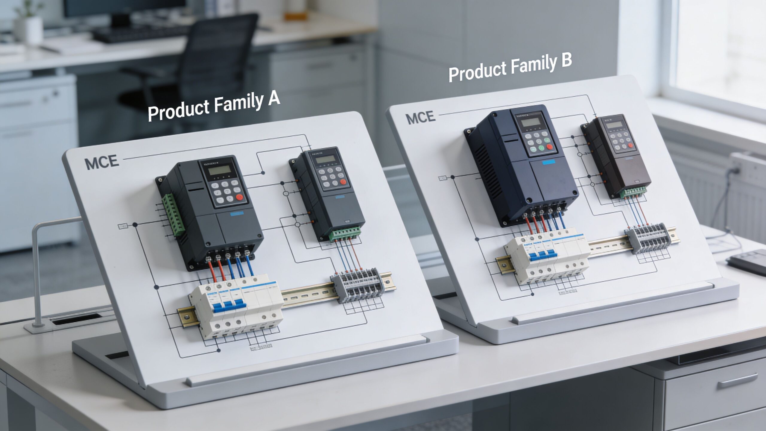 Two training boards labeled Product Family A and B displaying MCE industrial variable frequency drive systems.