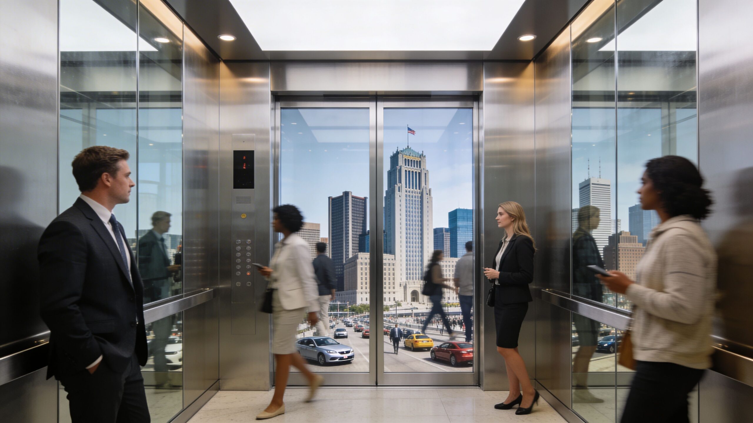 A modern elevator with glass walls looking out over a bustling city skyline with downtown buildings.