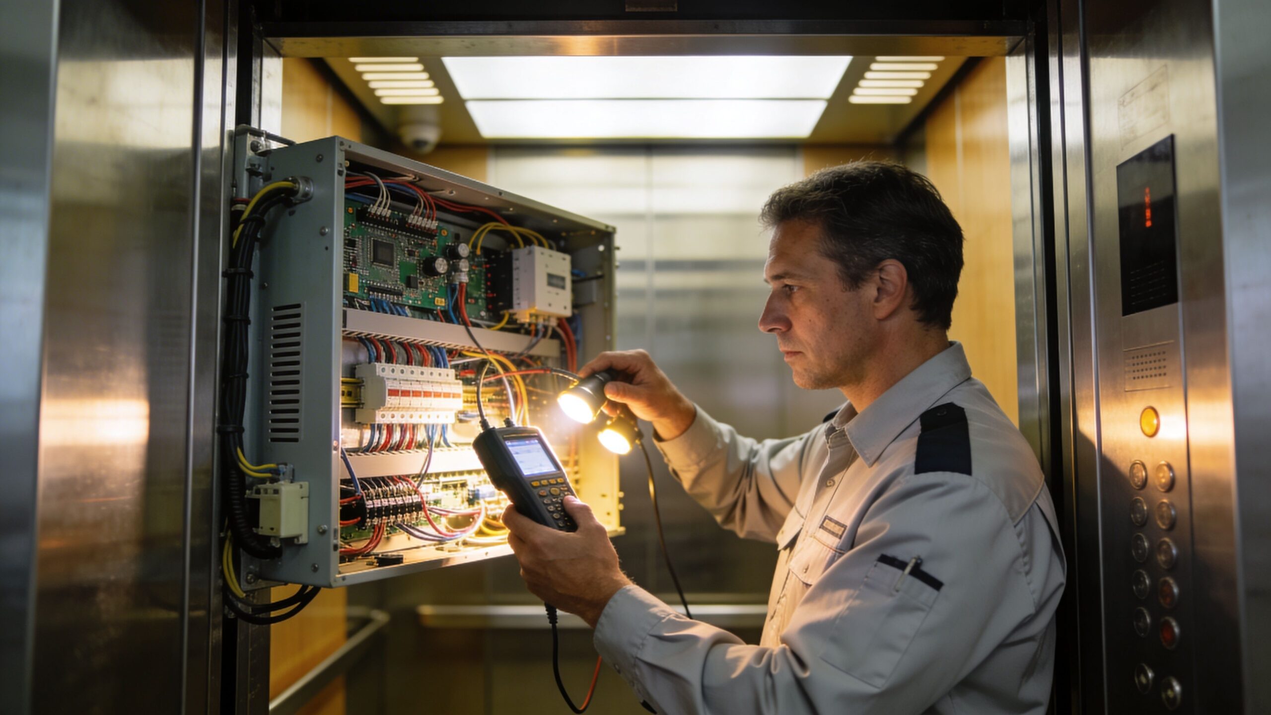 A professional technician carefully inspects the internal electrical control panel of an elevator with a diagnostic tool.