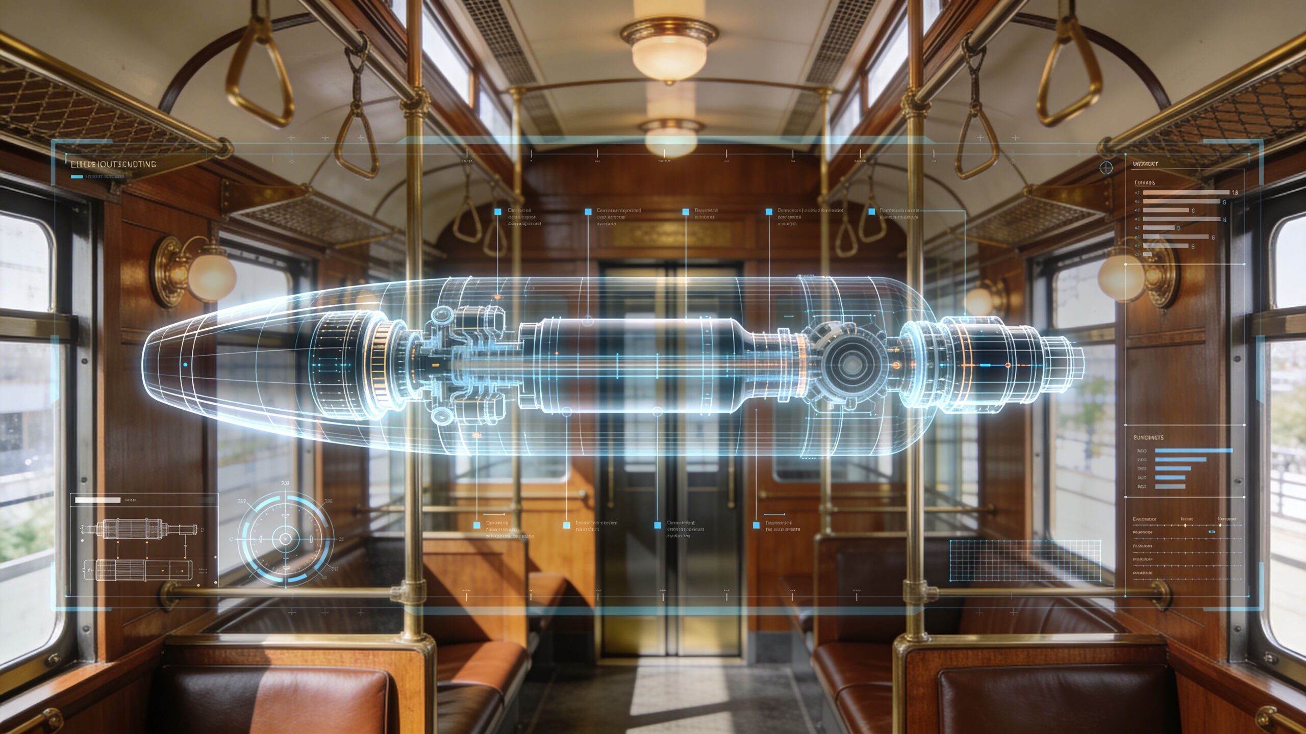 A futuristic digital projection of mechanical engineering components floating inside an old-fashioned wooden metro subway car interior.