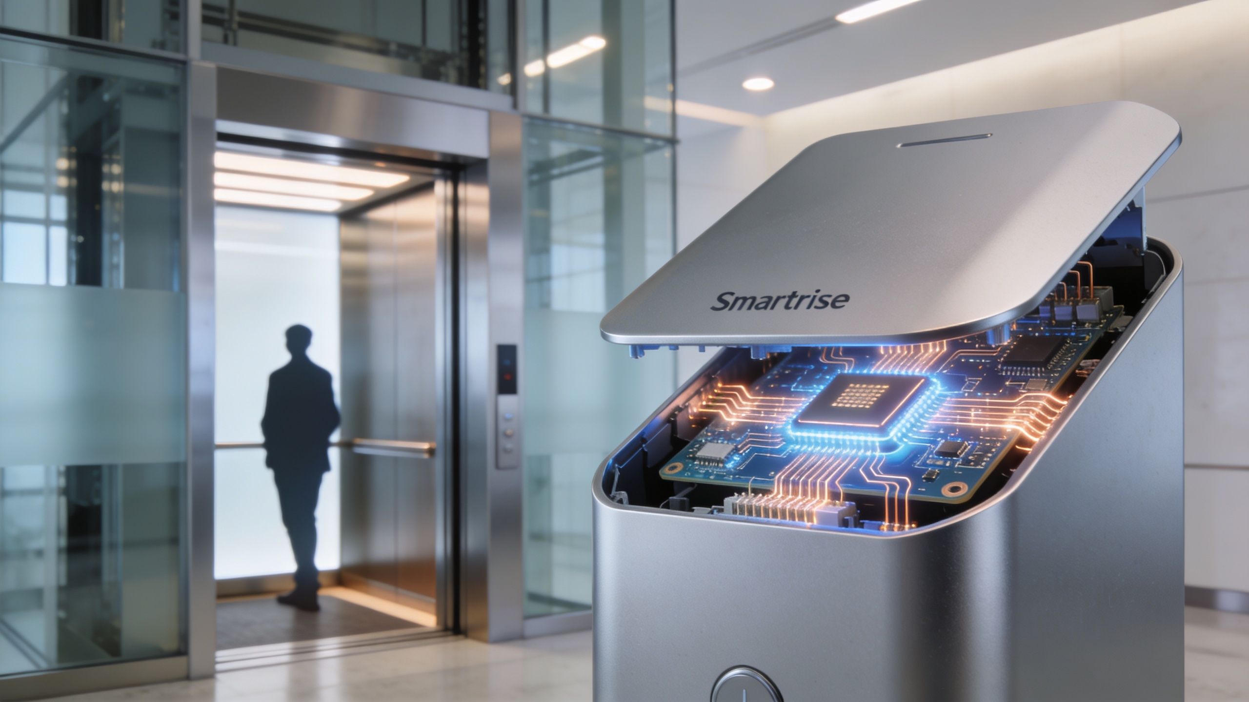 A Smartrise elevator control unit with an exposed circuit board and glowing microchip in a modern lobby.