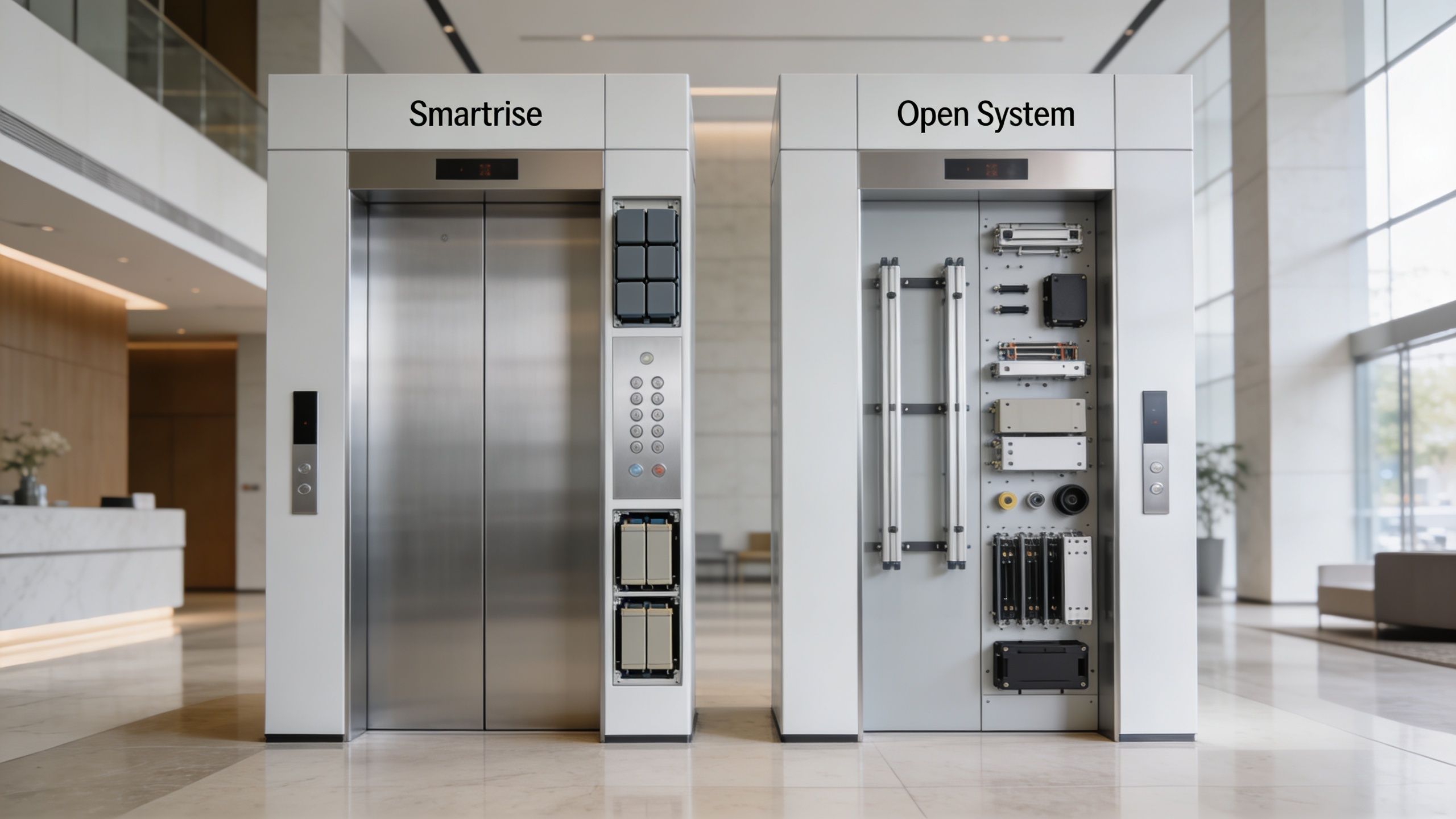 A display featuring a Smartrise elevator system alongside an open system controller in a modern lobby setting.