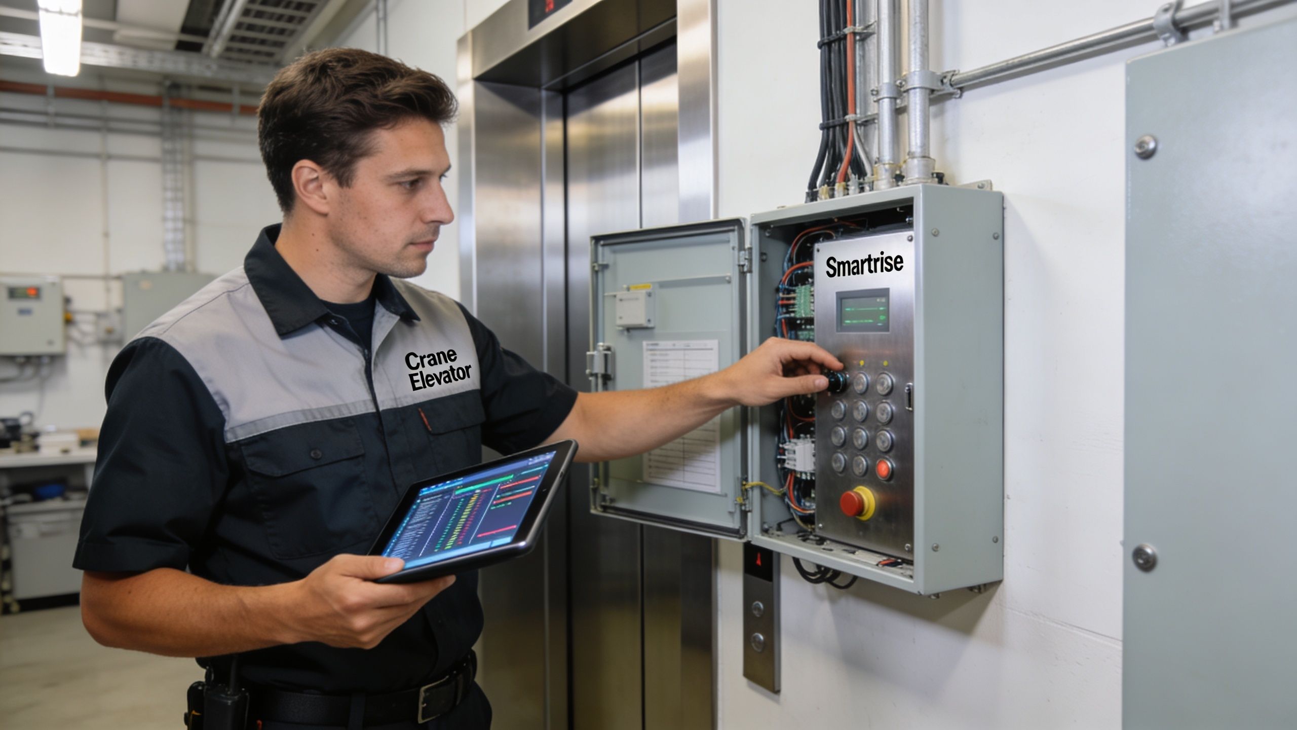 A service technician from Crane Elevator inspects a Smartrise elevator control system while holding a tablet computer.