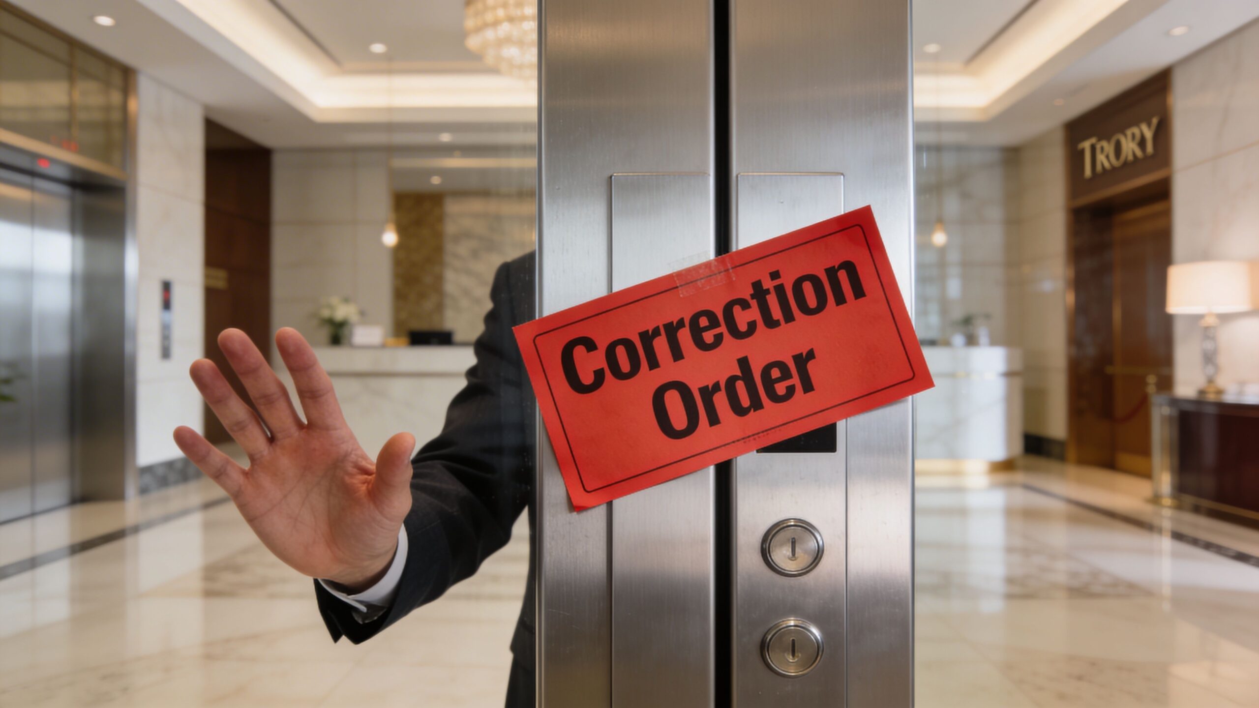 A person in a business suit holding their hand out in front of an elevator with a Correction Order sign.