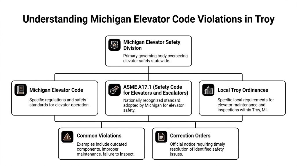 A flowchart outlining the regulatory framework and common safety violations for elevator inspections in Troy, Michigan.