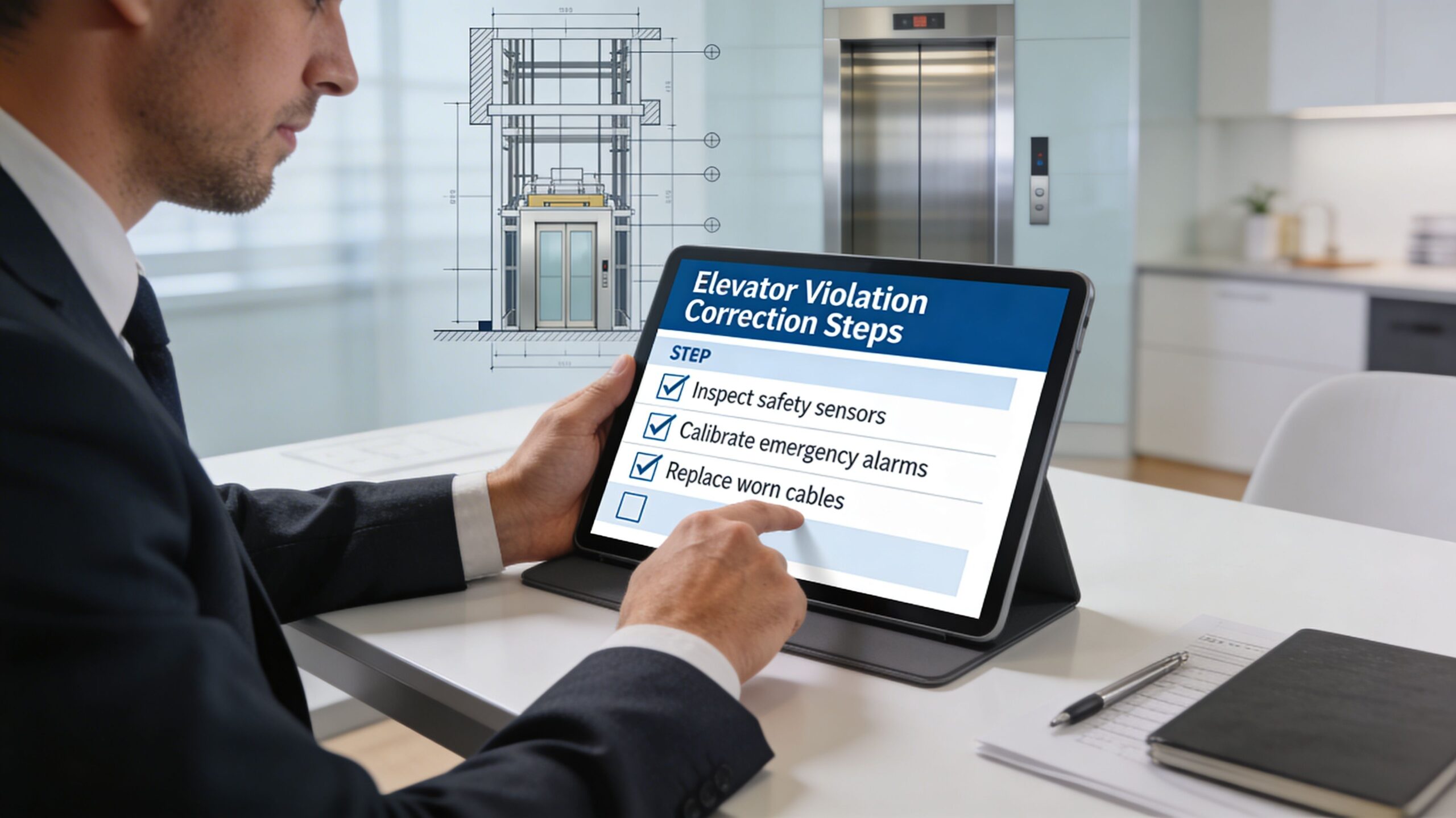 A professional checking elevator violation correction steps on a digital tablet at a modern office desk.