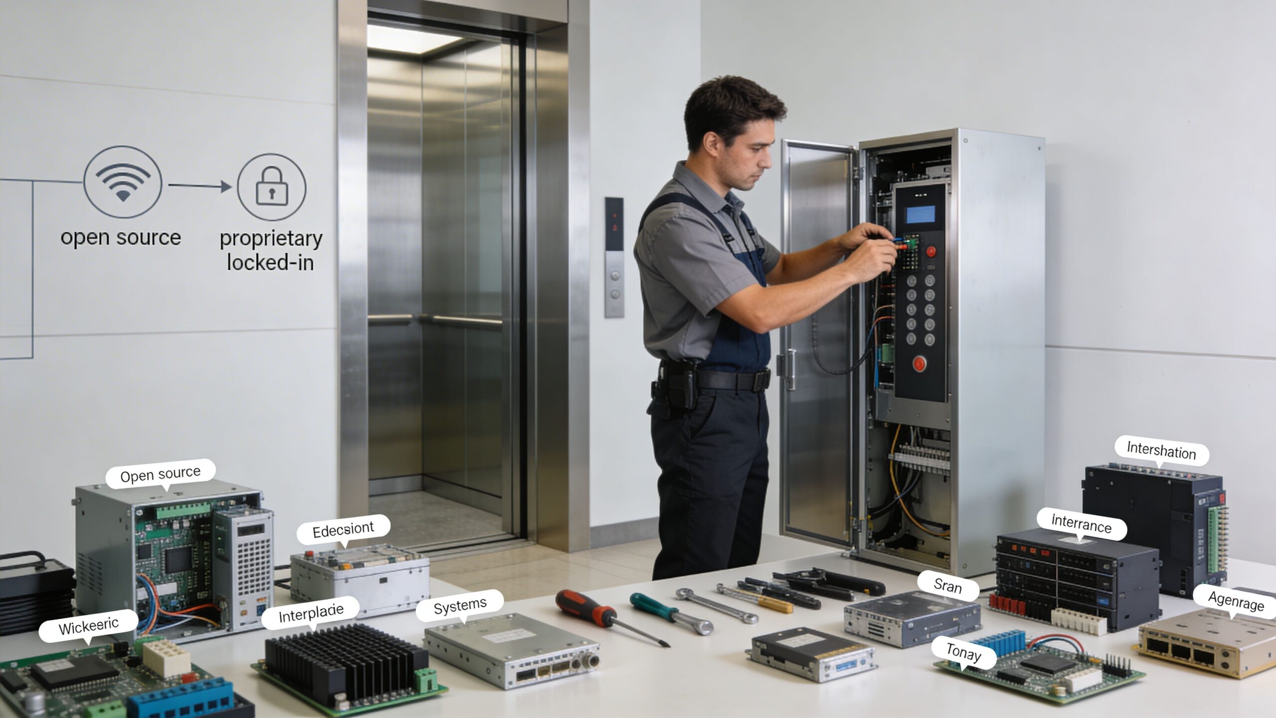 A professional technician repairs elevator control systems while various electronic components are arranged on a table.