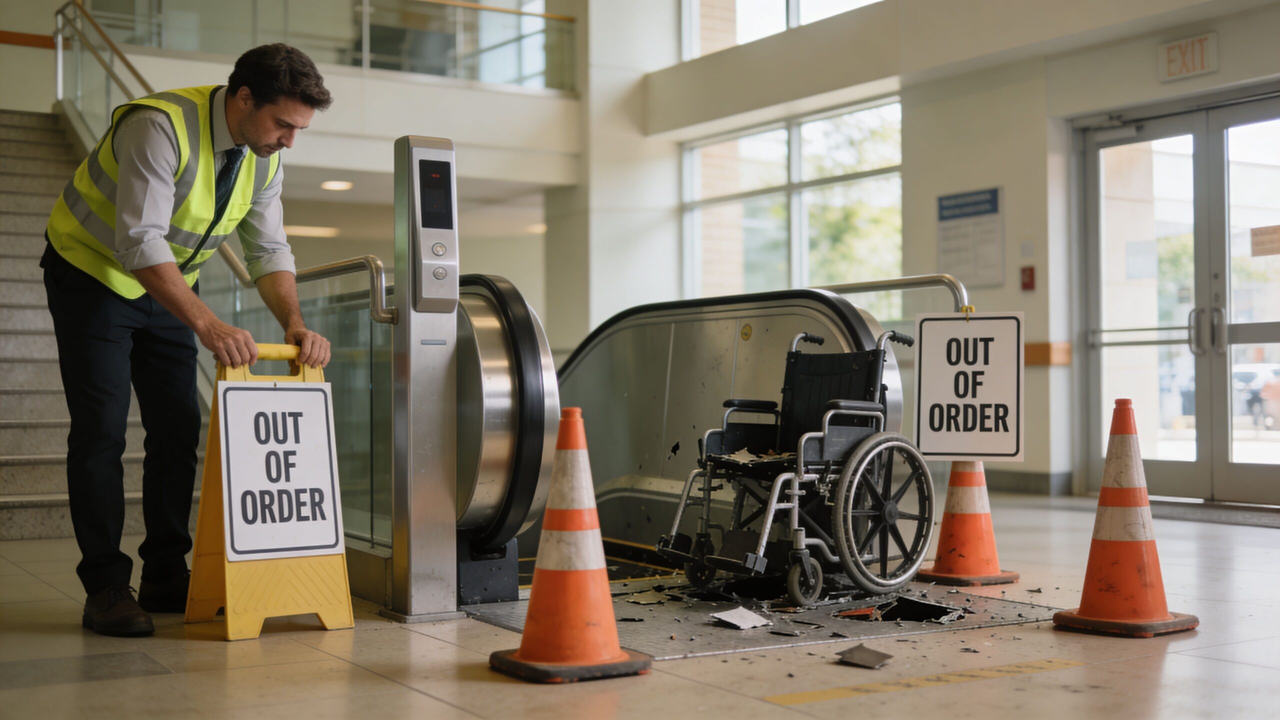 A maintenance worker sets up an out of order sign by a broken escalator and a wheelchair.
