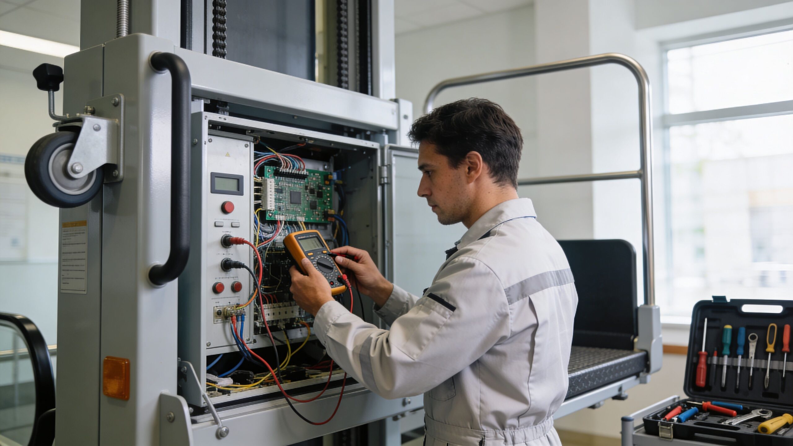 A professional technician carefully repairing the electronic control panel of a wheelchair lift system.