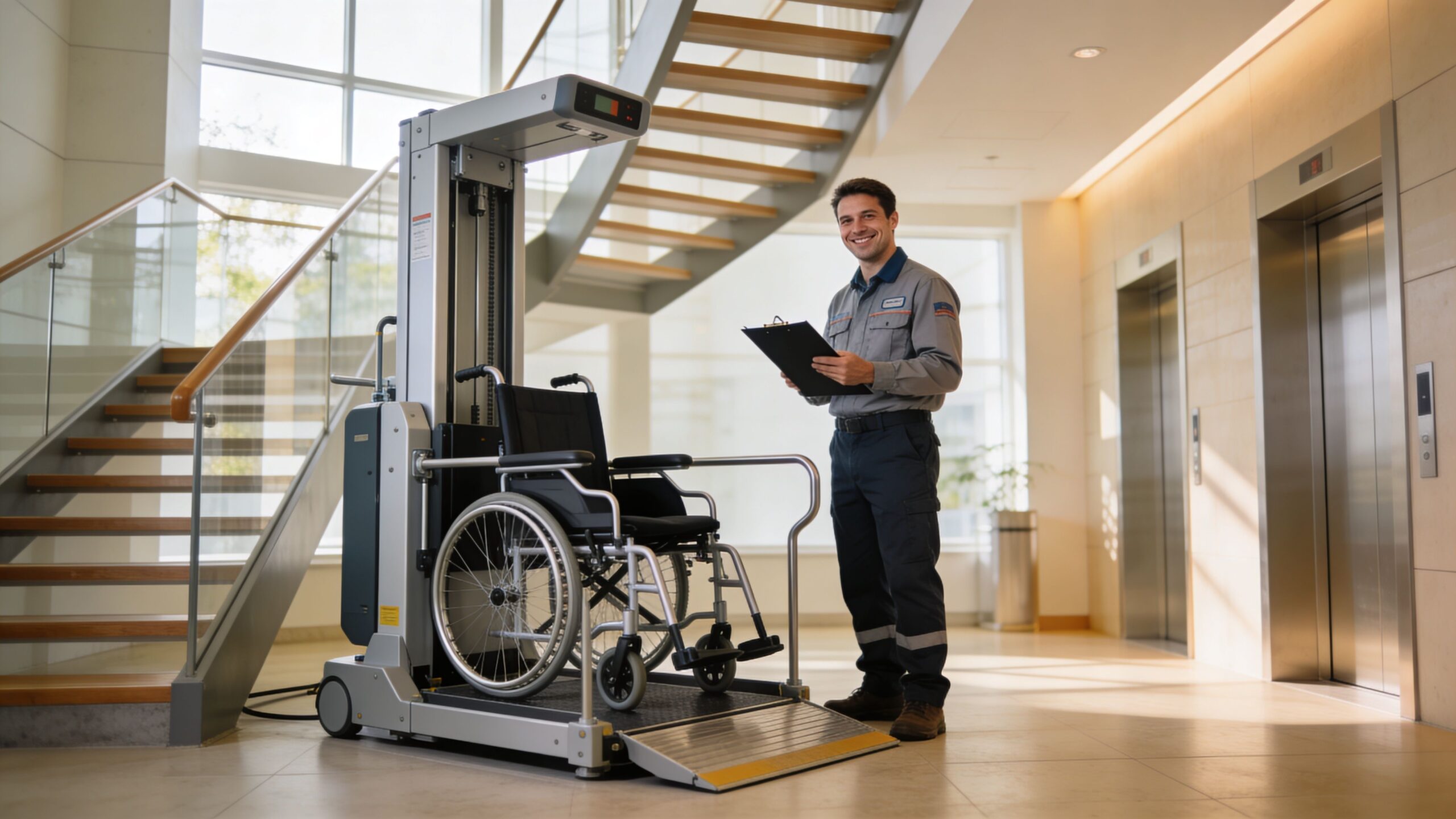 A smiling technician inspects a professional wheelchair lift for accessibility in a modern office building lobby.