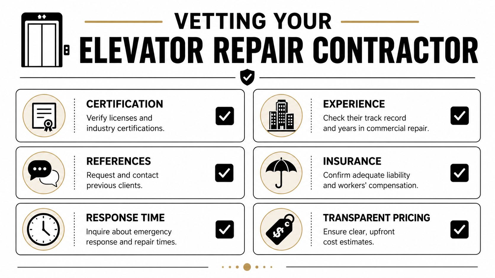 A checklist infographic titled Vetting Your Elevator Repair Contractor, showing six key criteria for selecting professionals.