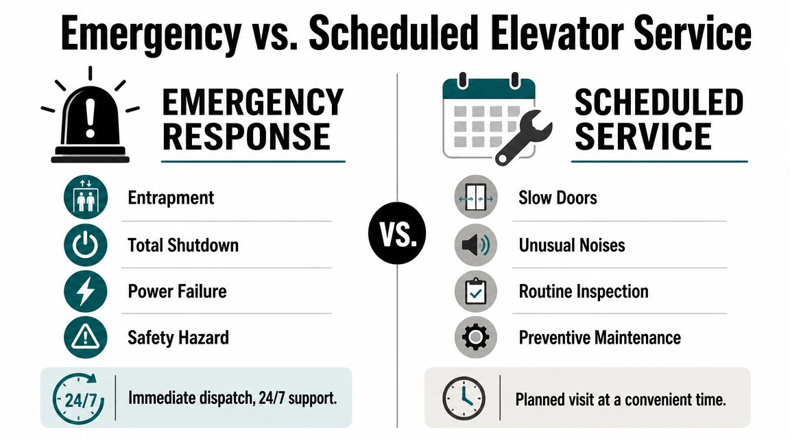 A chart comparing emergency elevator response services against routine scheduled elevator maintenance and repair needs.