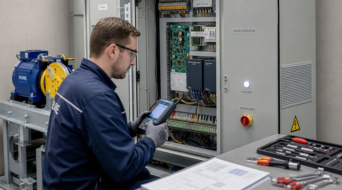 A professional technician wearing safety gear inspects elevator electrical control panels using a handheld diagnostic tool.