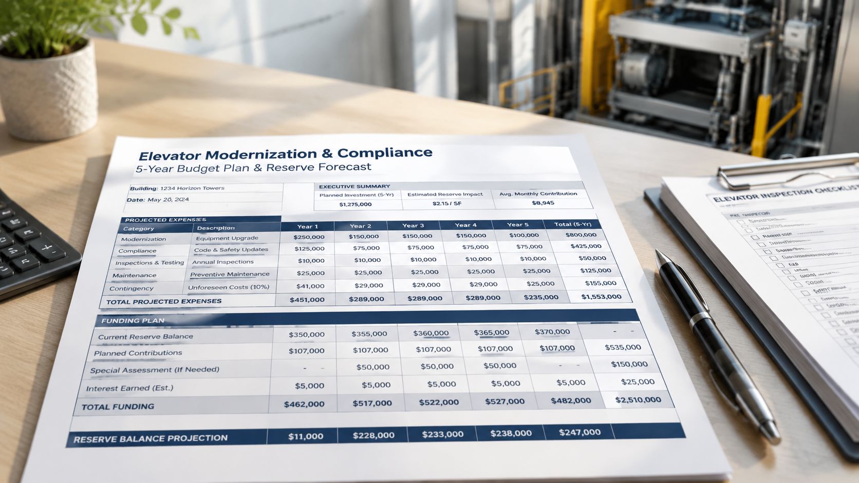 A document titled Elevator Modernization and Compliance 5-Year Budget Plan rests on a wooden office desk.