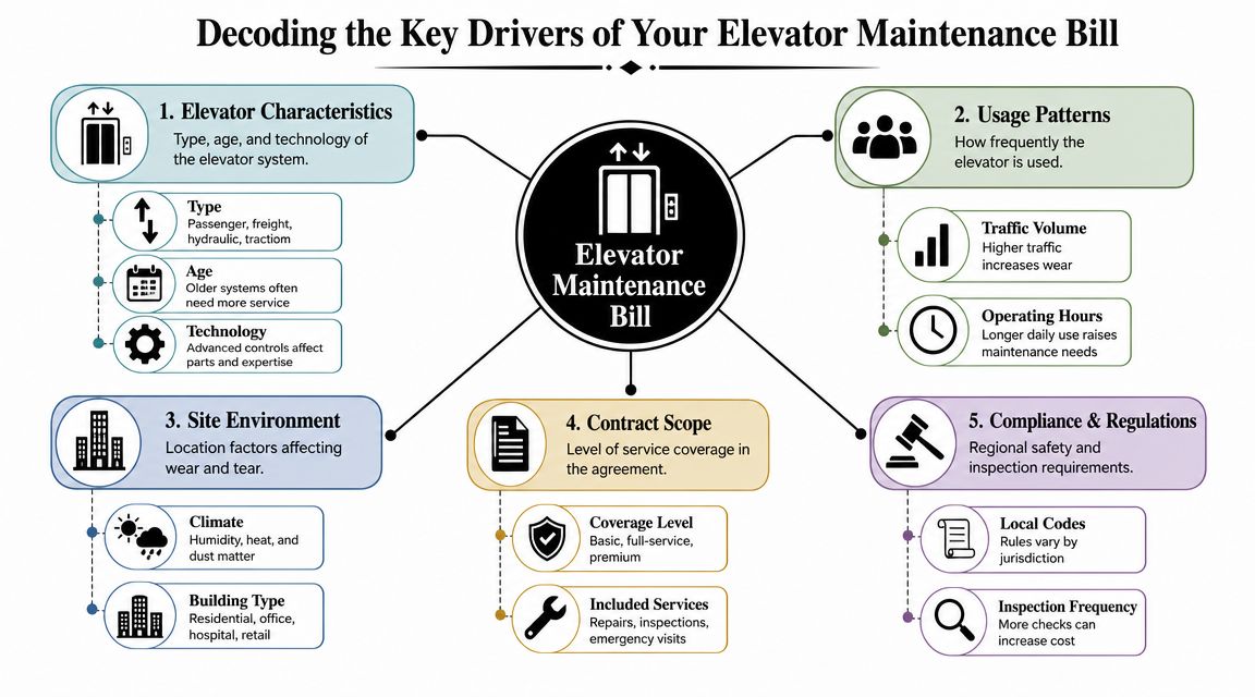 An infographic titled Decoding the Key Drivers of Your Elevator Maintenance Bill explaining factors impacting costs.