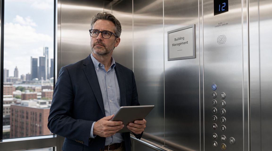 A professional man holding a tablet inside a modern glass elevator with a city skyline view.