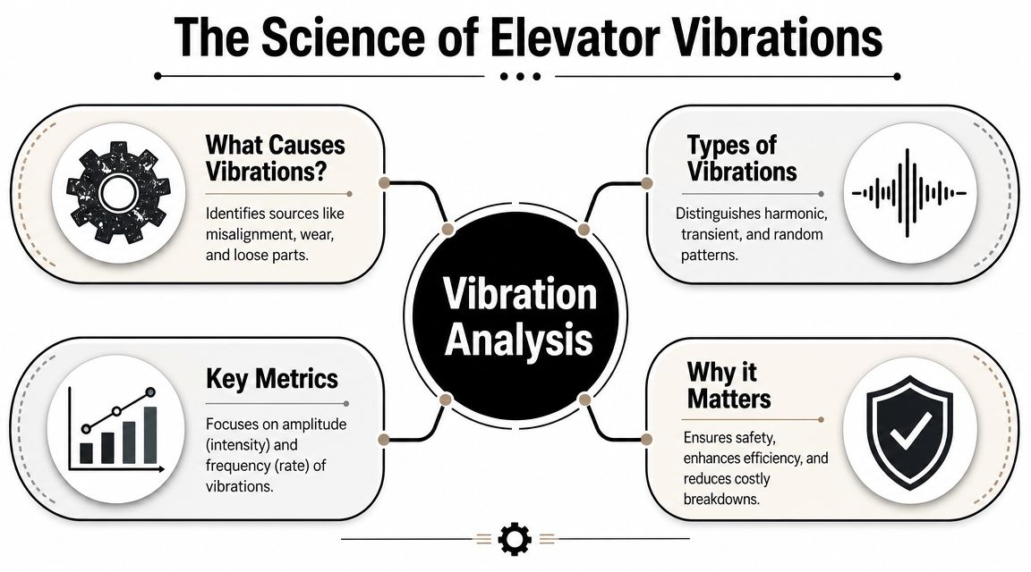 A diagram explaining vibration analysis in elevators, covering causes, types, key metrics, and why it matters.
