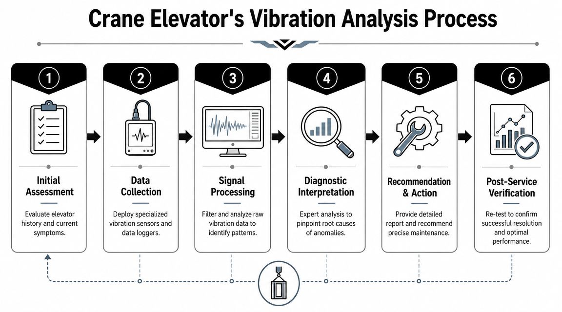 A six-step infographic detailing the Crane Elevator's vibration analysis process from initial assessment to post-service verification.