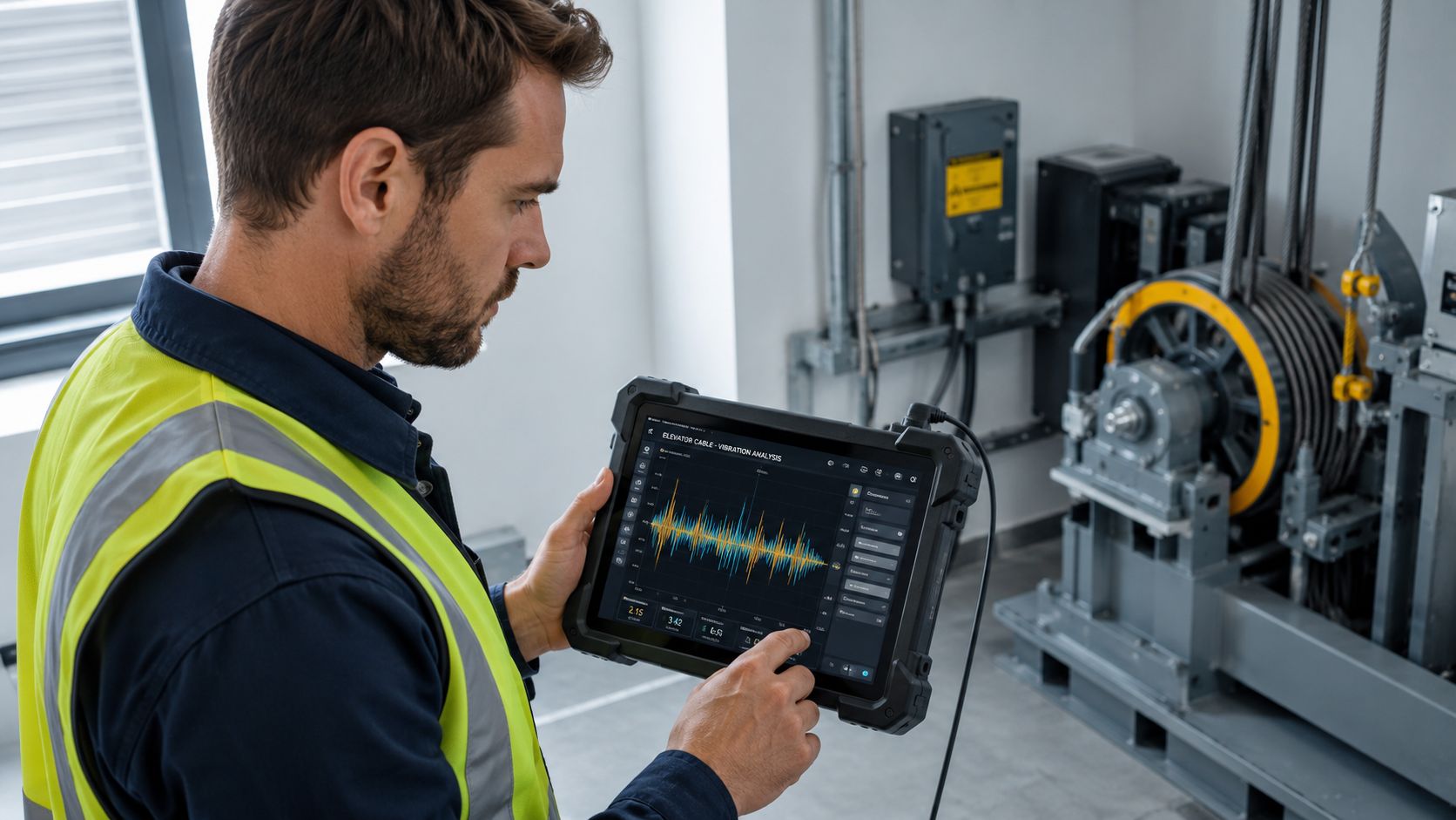 A technician using a rugged tablet to analyze elevator cable vibration data in a machine room.