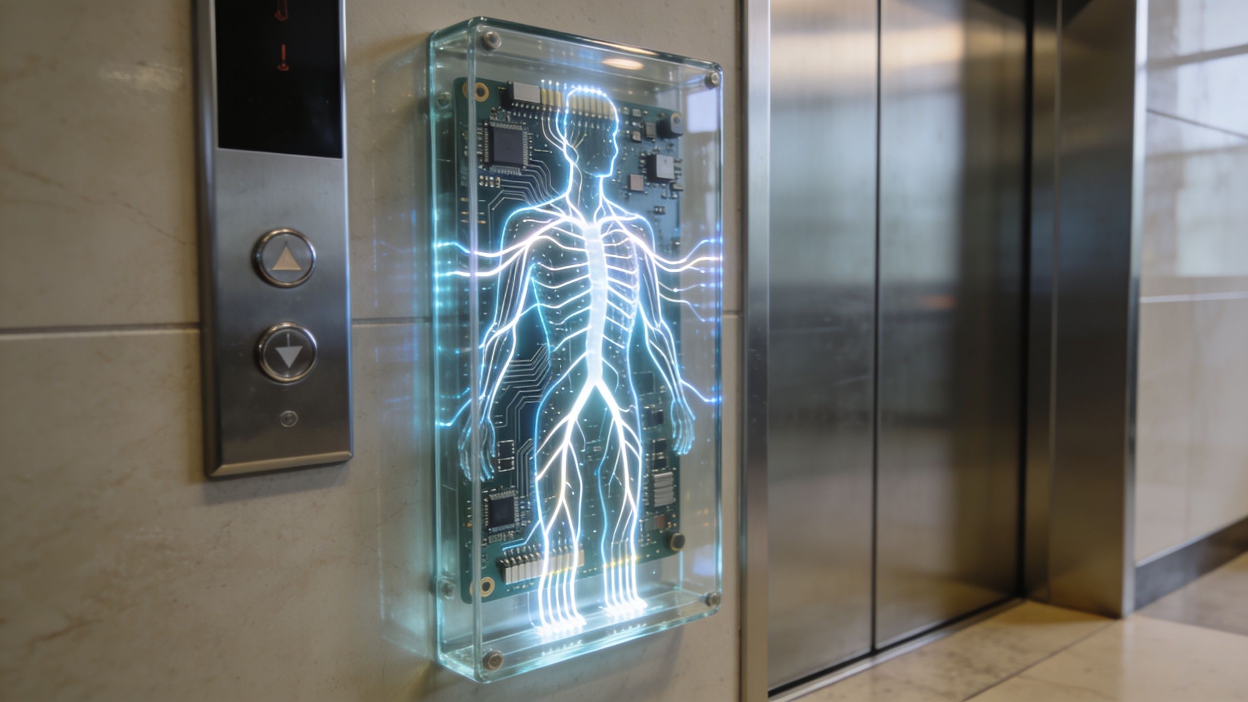 A futuristic elevator control panel features a glowing light display of a human nervous system on a circuit board.