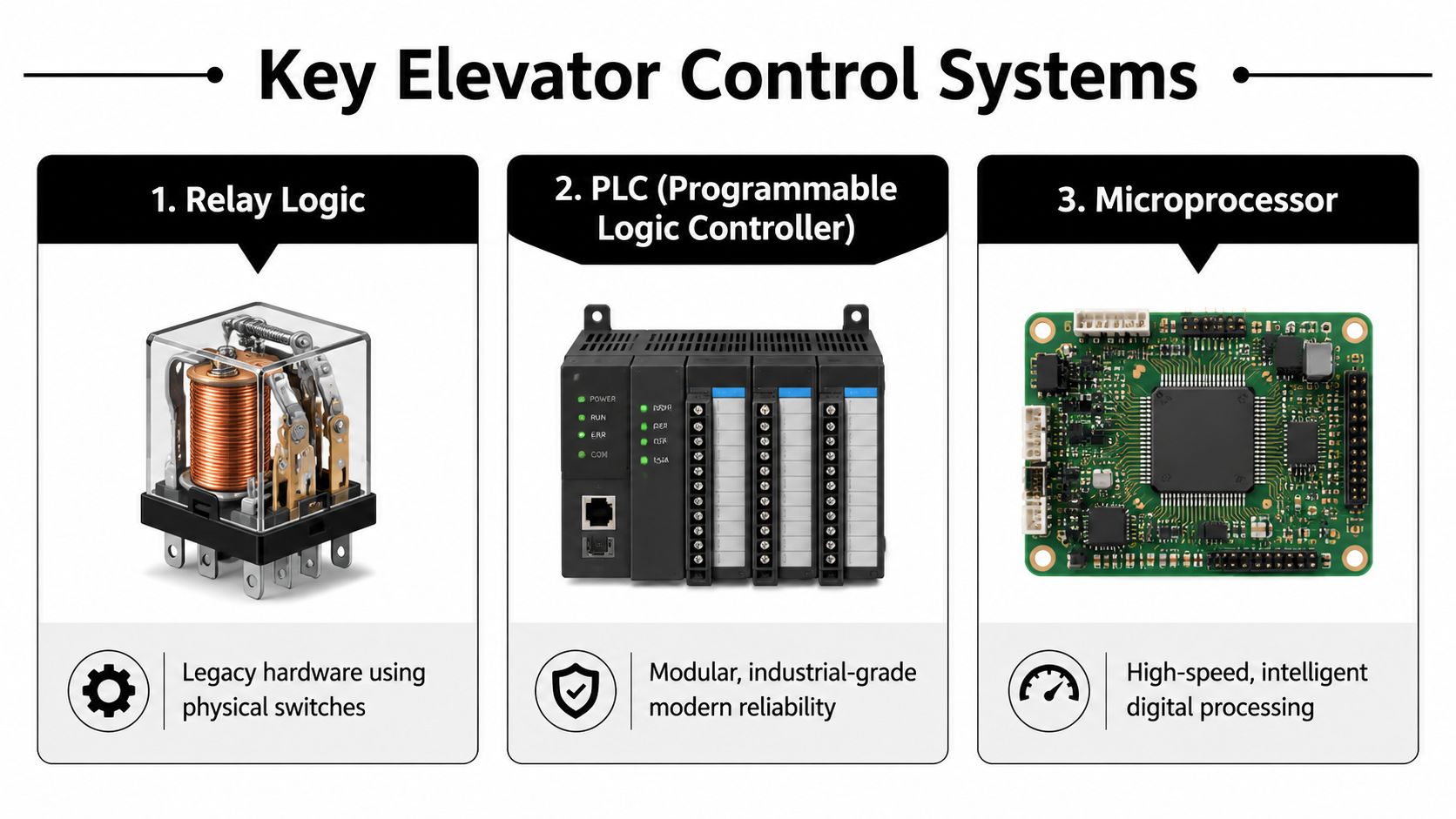 A graphic illustration comparing three types of elevator control systems: relay logic, PLC controllers, and microprocessor systems.