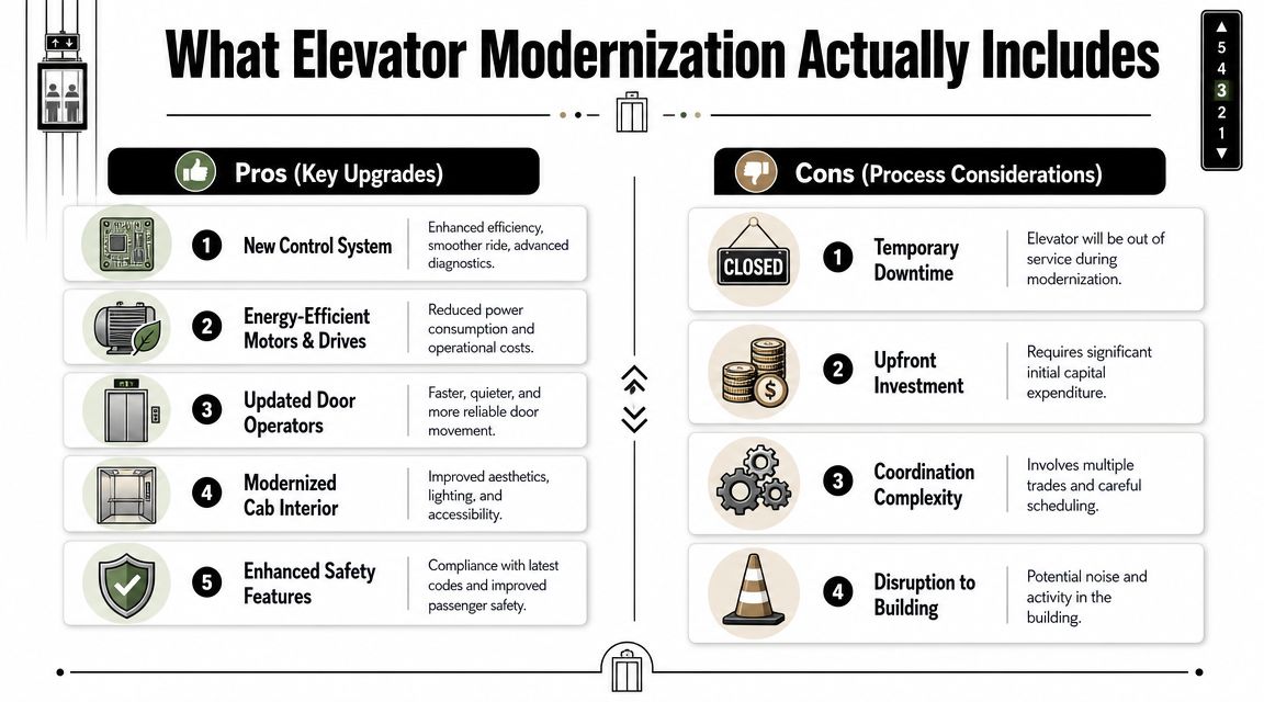 An infographic titled What Elevator Modernization Actually Includes, detailing key upgrades and various project considerations.