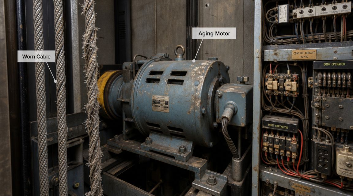A close-up view of an aged industrial elevator motor, worn steel cables, and a complex electrical control panel.