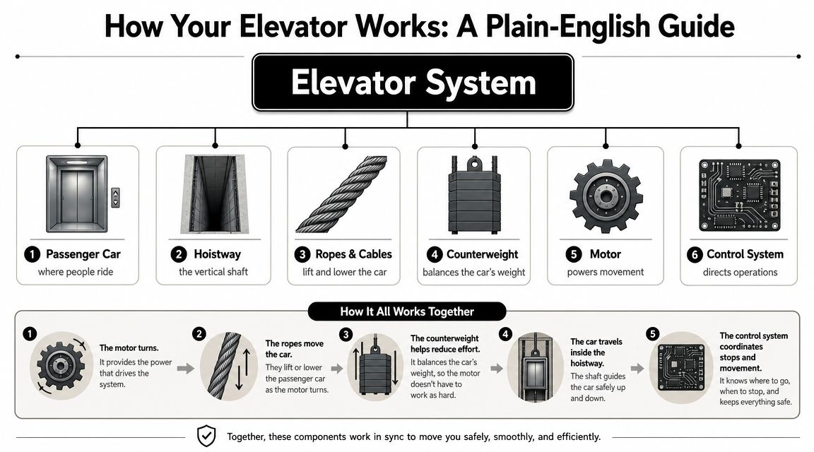 A diagram explaining the components and operational workflow of an elevator system in plain English.
