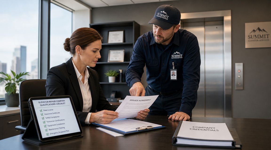 A professional woman reviews a service agreement with an elevator repair technician in a corporate office setting.