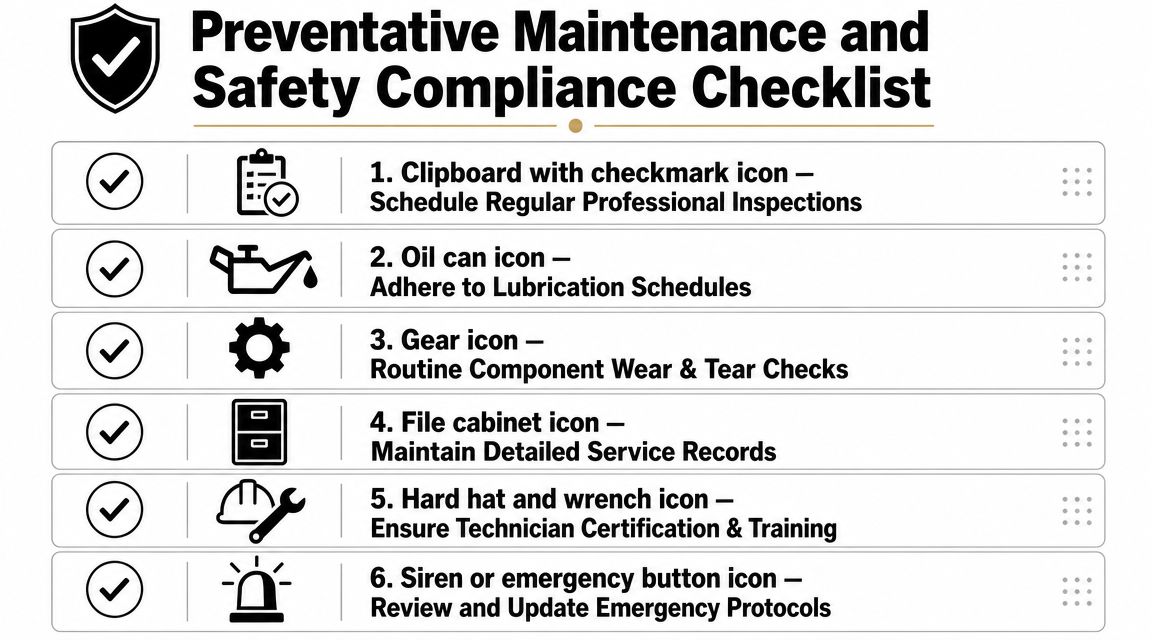 A checklist titled Preventative Maintenance and Safety Compliance listing six essential industrial maintenance and safety tasks.